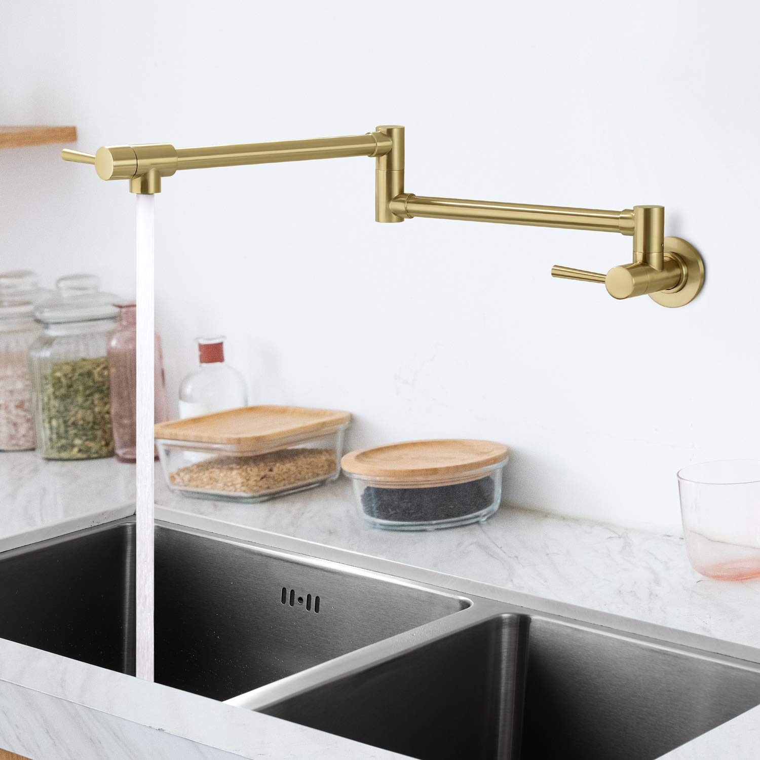 Wall Mounted Brass Pot Filler Kitchen Faucet with Double Joint Swing Arms - Foldable & Stretchable Single Hole Two Handle Design in Gold Brushed Finish | Perfect for Home Kitchen, Restaurant, and Commercial Use