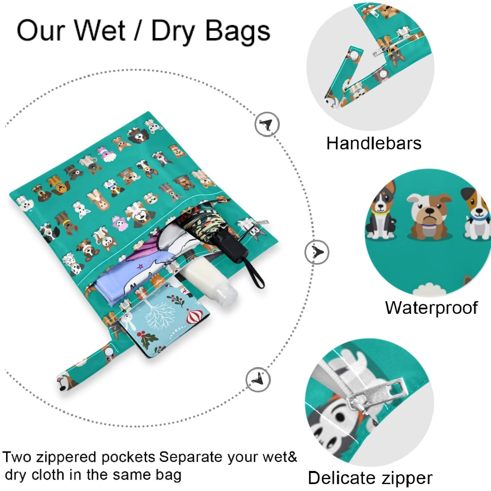 Visesunny 2-Pack Waterproof Wet Bags with Zipper Pockets - Reusable & Washable Storage for Diapers, Swimsuits, Gym Clothes & Toiletries - Perfect for Travel, Beach, Pool, Daycare & Stroller Organization