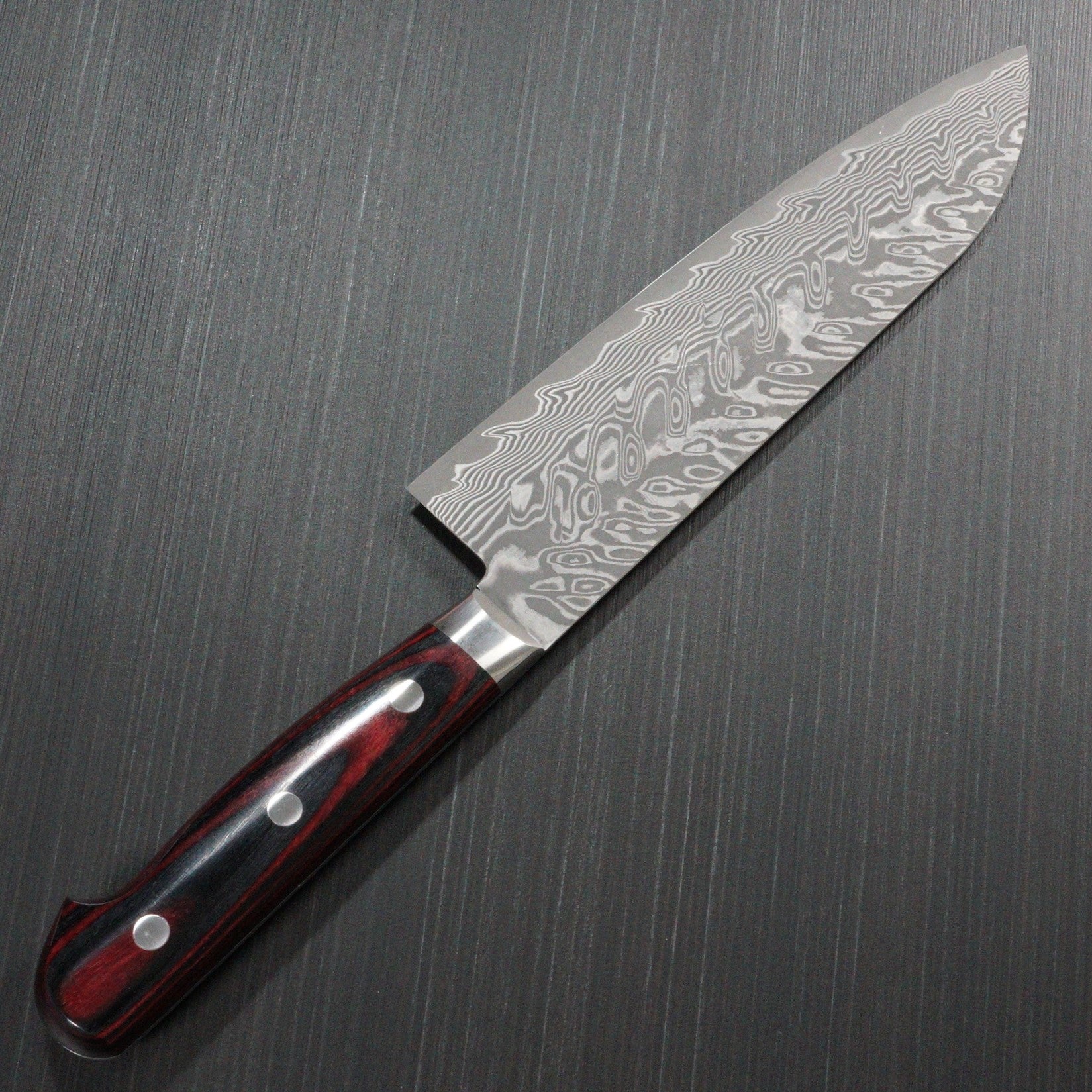 Premium Japanese Yoshimi Kato SG2 Super Gold 2 Damascus Santoku Knife - V-Shaped Black Blade with Red Handle - Perfect for Slicing, Dicing & Chopping Vegetables, Meat & Fish