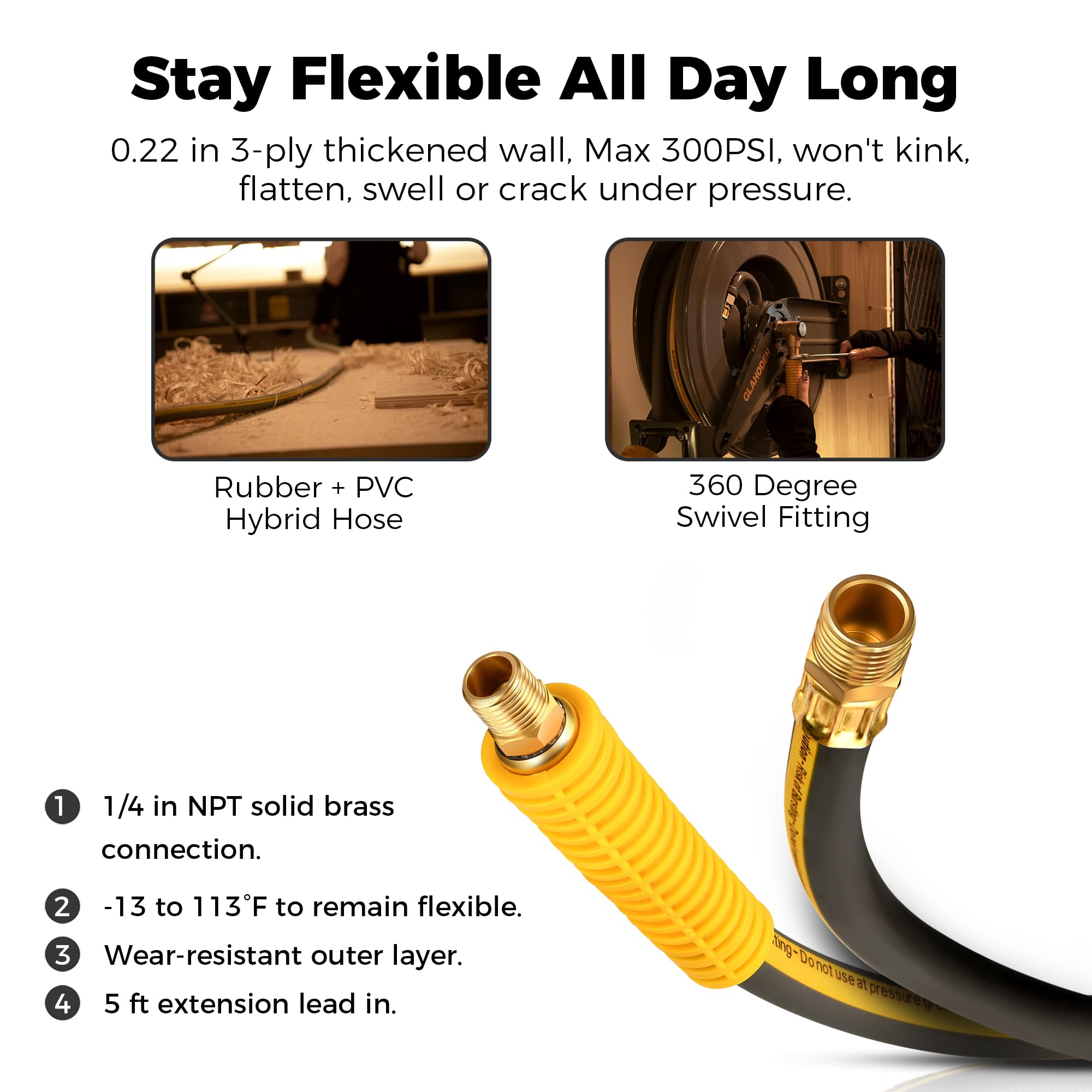 Double Arm Retractable Air Hose Reel - 3/8 in × 65 ft Hybrid Heavy Duty Steel Air Compressor Hose with 5 ft Lead, 300PSI Max, Auto Rewind & Quick Coupler Swivel Fitting - Ideal for Garage, Workshop, and Industrial Use