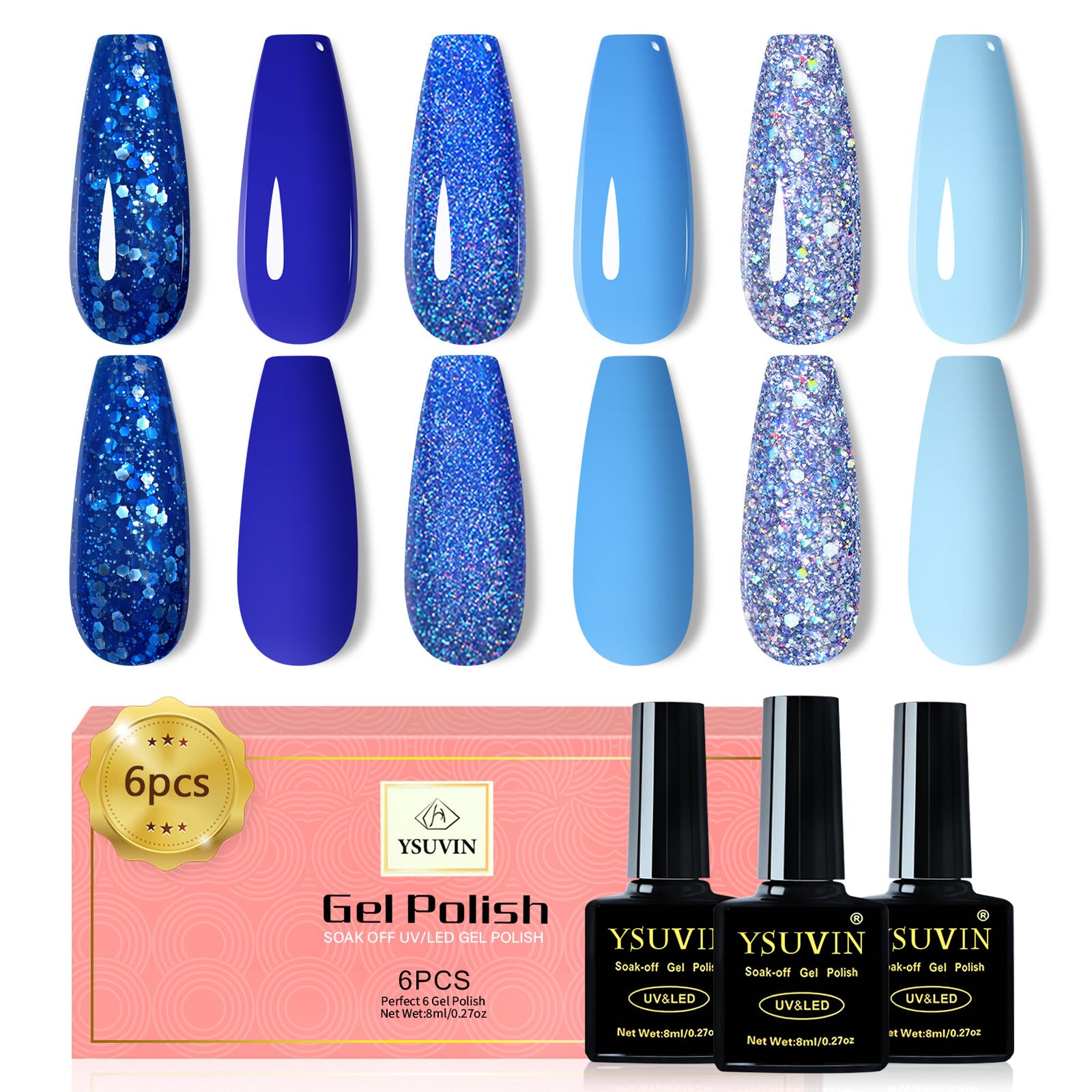 6 Colors Blue Gel Nail Polish Set - Dark Blue Glitter, Ocean Silver Sparkle Diamond Soak Off Gel Polish for Manicure | Long Lasting Nail Varnish Kit for Women | Perfect for Home Salon, Parties & Special Occasions (6x8ml)
