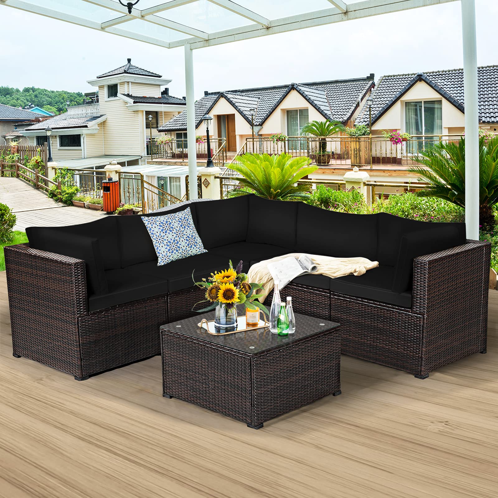 Tangkula 6-Piece Outdoor Patio Furniture Set - All-Weather Wicker Rattan Sectional Sofa with Tempered Glass Coffee Table & Cushions - Perfect for Backyard, Garden, Balcony, Poolside Relaxation (Black) | Ideal for Outdoor Entertaining, Lounging, and Family Gatherings
