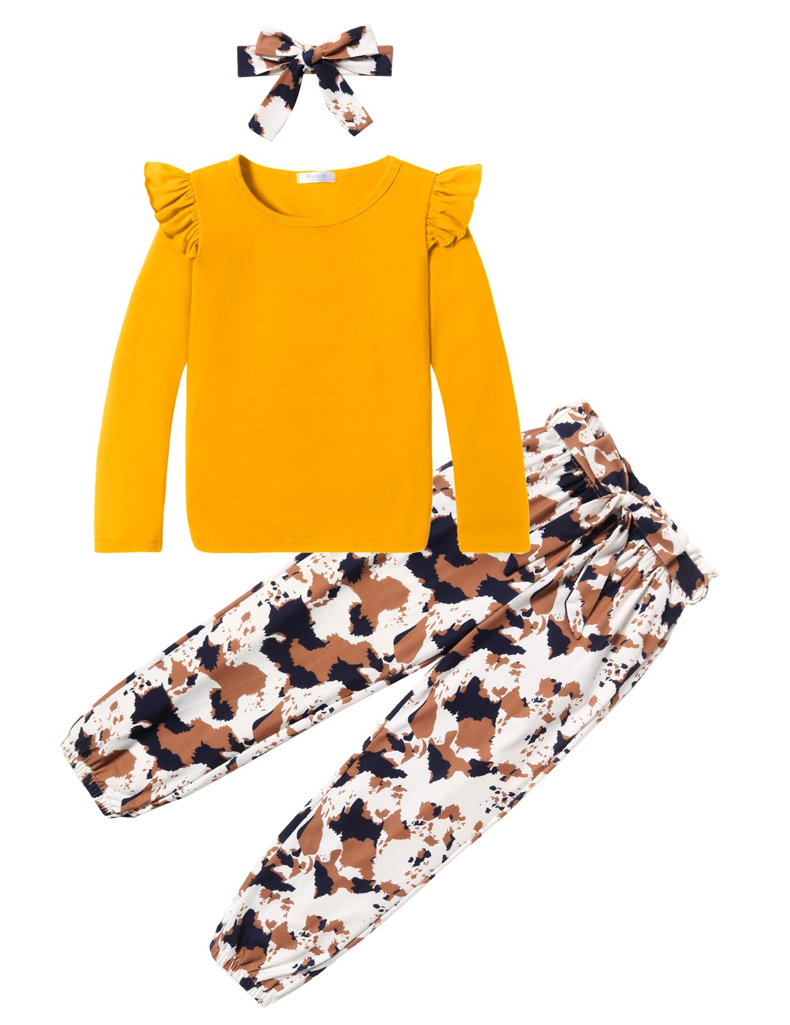Arshiner Toddler Girl Fall Outfits - Ruffle Tops & Floral Pants Set with Headband, Kids Joggers Outfit 3T-12Y - Perfect for Playdates, Preschool & Family Photos