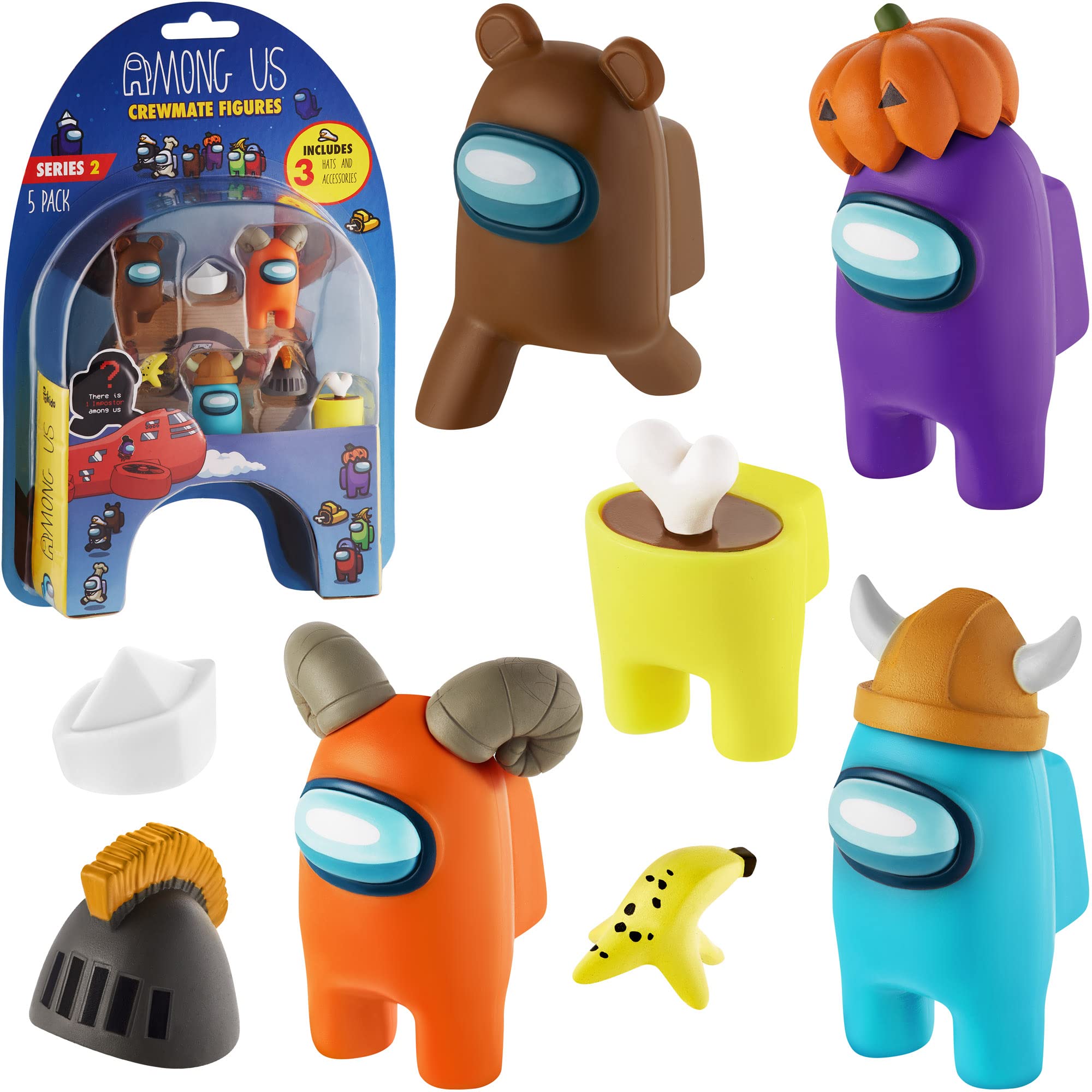 P.M.I. Among Us Crewmate Action Figures - 5-Pack Mini Collectible Toys (Includes Peeled & Clogged Characters + 3 Bonus Hats) - Perfect for Kids' Birthday Gifts, Party Favors & Among Us Game Fans Collection