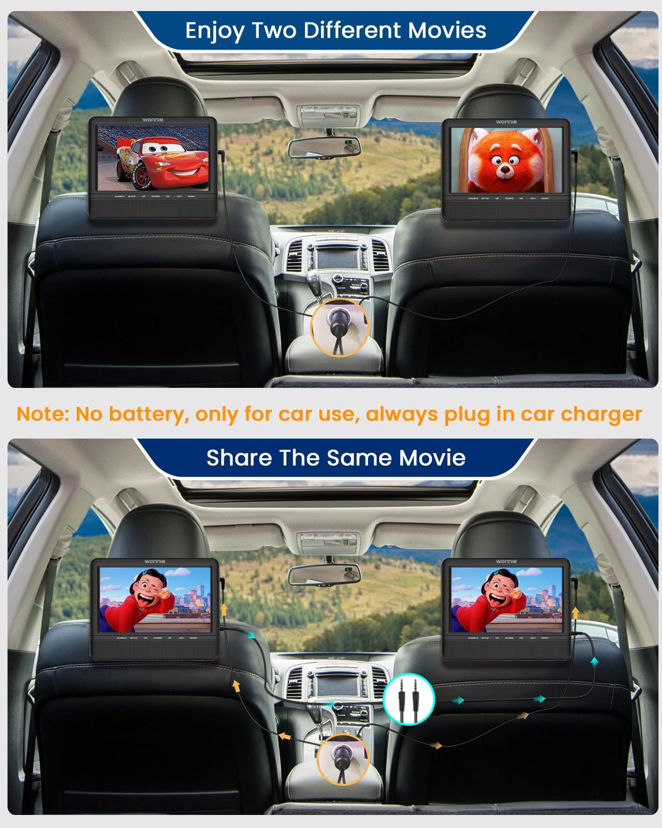 WONNIE 7.5 Inch Portable Car DVD Player - Dual Screen Playback with Headrest Strap, Supports Last Memory Function, AV Out/In, USB/SD Compatibility, All Region Free - Perfect for Road Trips & Family Travel Entertainment