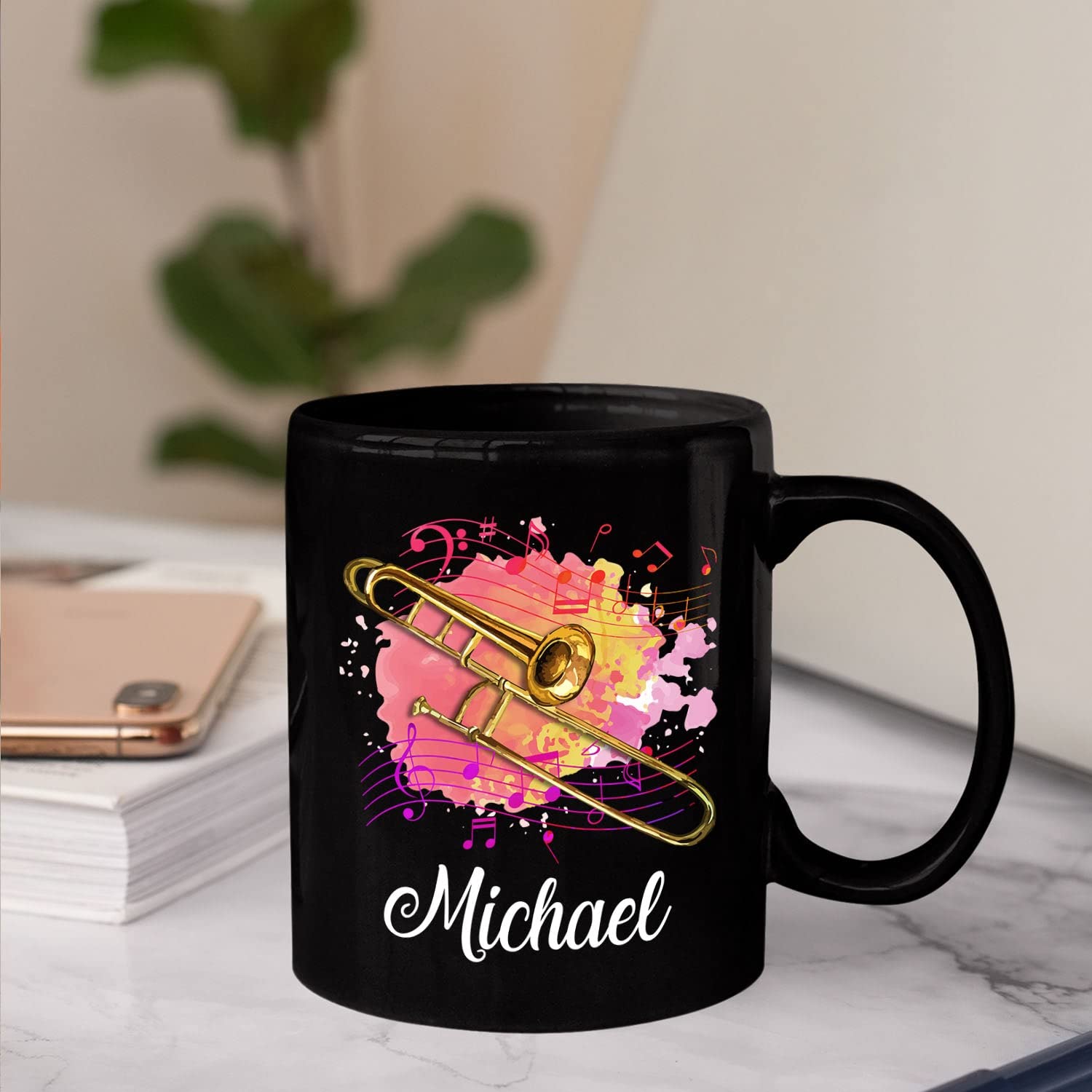 **Personalized Trombone Coffee Mug - Custom Name Engraved 11oz & 15oz Ceramic Cup - Perfect Gift for Trombone Players & Band Members - Ideal for Home, Office, Travel & Music Lovers**