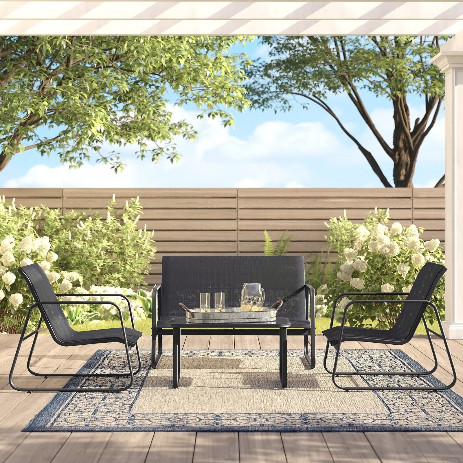 **Barton 4-Piece Outdoor Patio Furniture Set - Black Wicker Rattan Lounger Chairs with Glass Table - Modern Conversation Seating for Garden, Poolside & Backyard Relaxation**