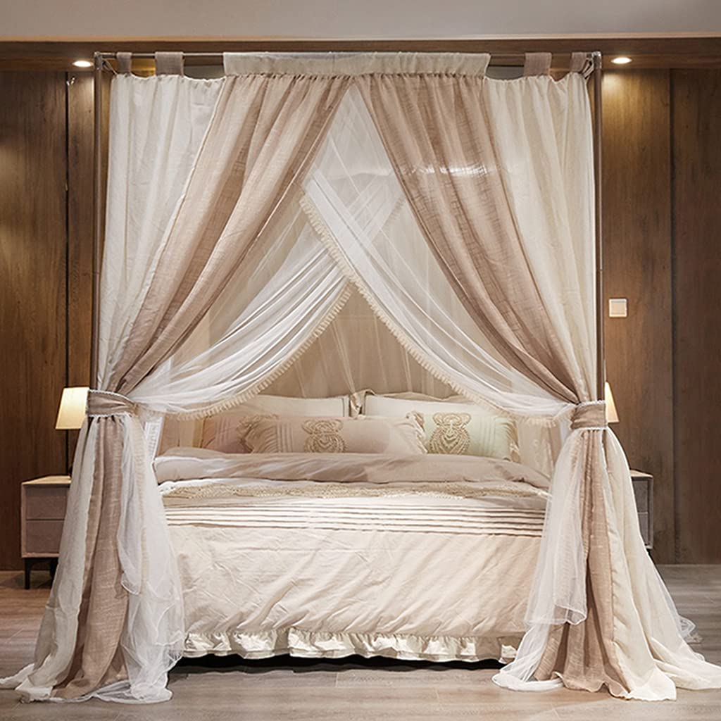 Romantic Linen Princess 4 Corner Post Mosquito Net for Girls & Women - Elegant Bed Canopy for Wedding, Bedroom & Kids Room Decor (California King Size, White & Coffee) - Perfect for Romantic Nights, Nursery Decor & Boho Bedroom Styling