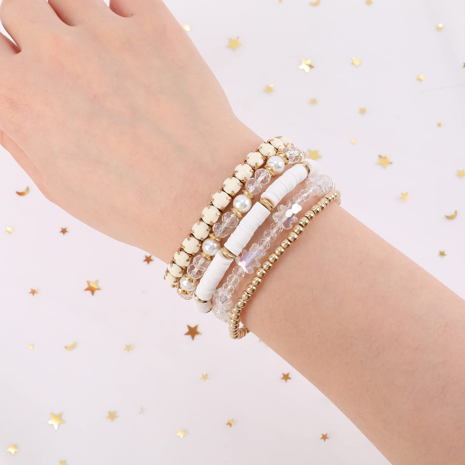 Bohemian Beaded Bracelet Set for Women - White, Pink, Gray & Black Clay Bead Bracelets | Stackable Multi-Layer Crystal Jewelry | Perfect for Boho Fashion, Layered Arm Stacks & Everyday Wear