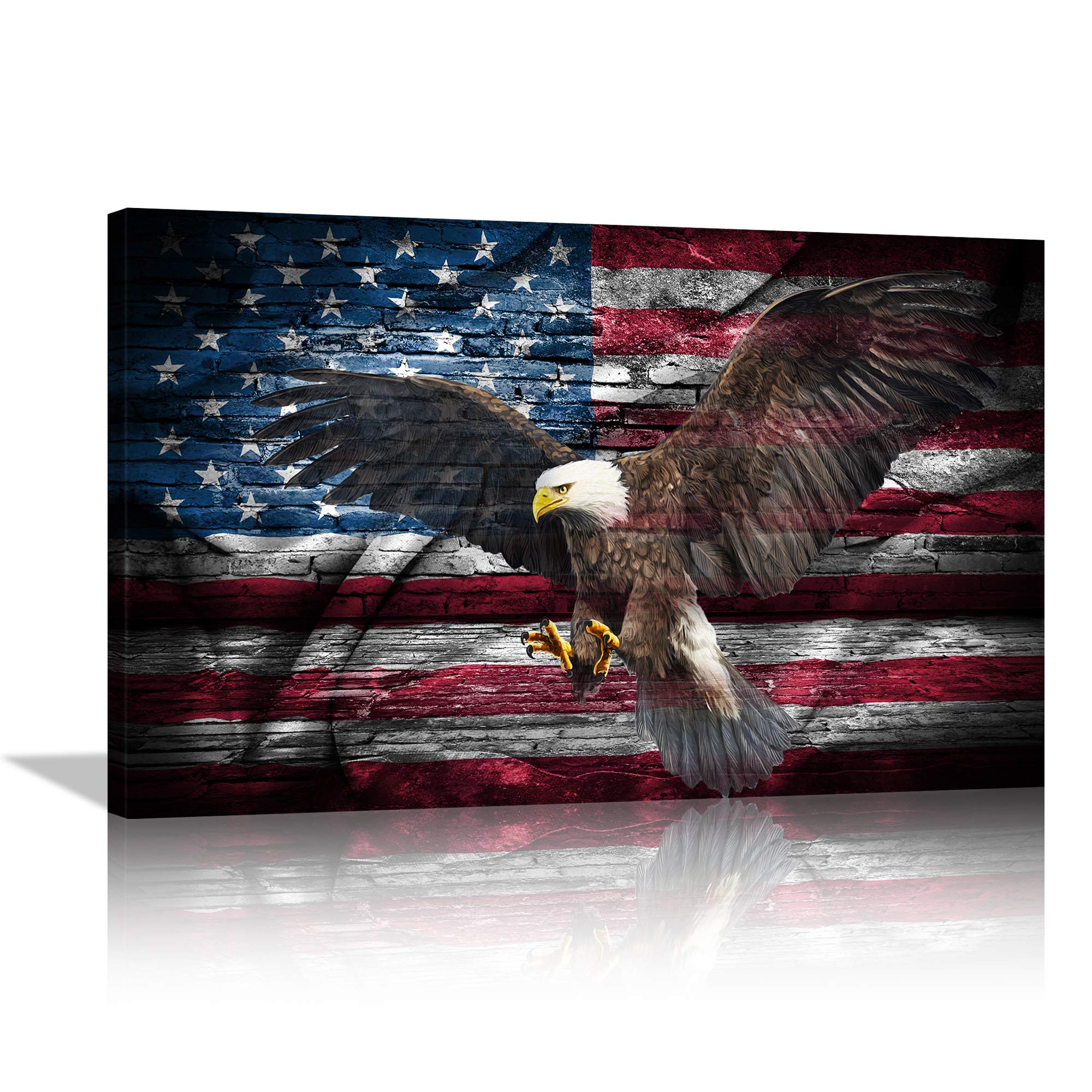Large American Bald Eagle Canvas Wall Art - US Flag & Eagle Wall Decor - Framed Military HD Print - Ready to Hang Home Decor for Living Room, Office & Patriotic Gifts
