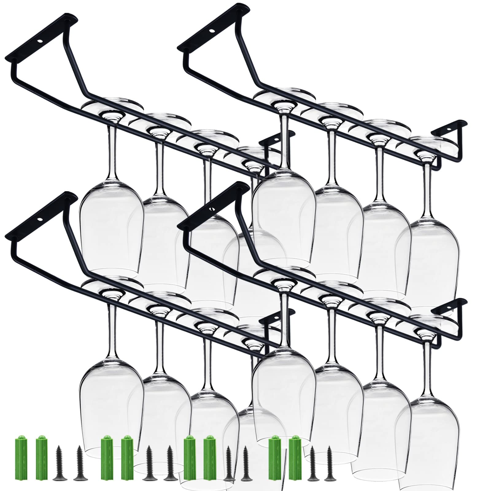 4-Piece Black Under Cabinet Wine Glass Rack - Stemware Holder with Drying Shelf | Space-Saving Metal Hanger for Kitchen, Bar & Dining Room Storage