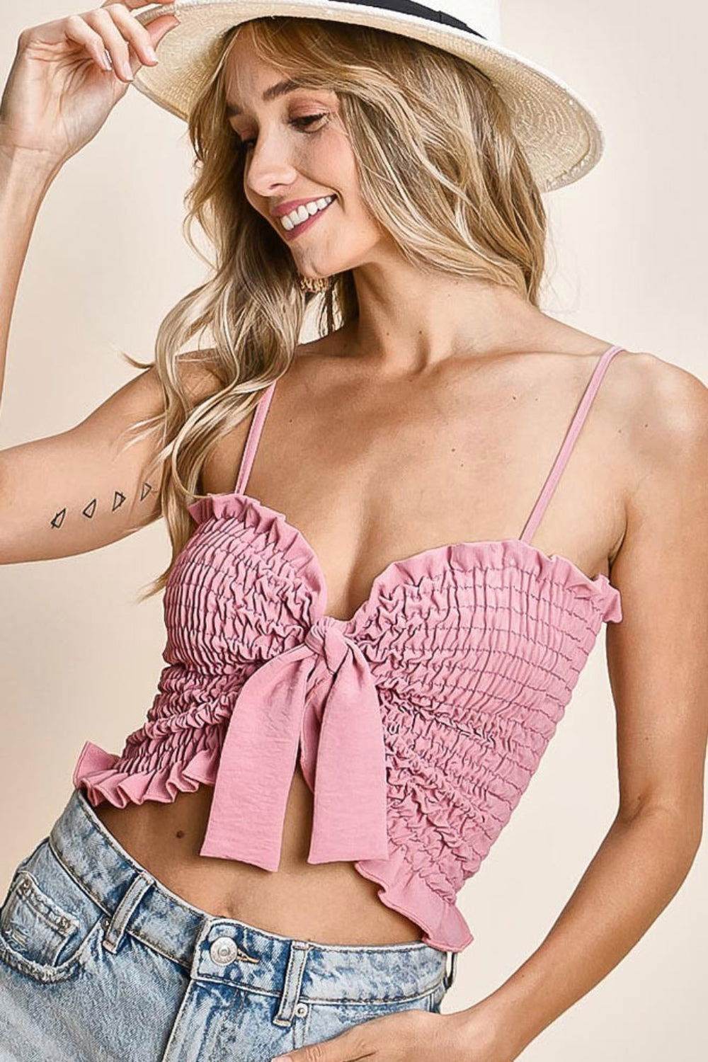 BiBi Ruffled Smocked Ribbon Detail Cami Top - Women's Fashion Blouse for Casual Wear, Date Night & Summer Outfits