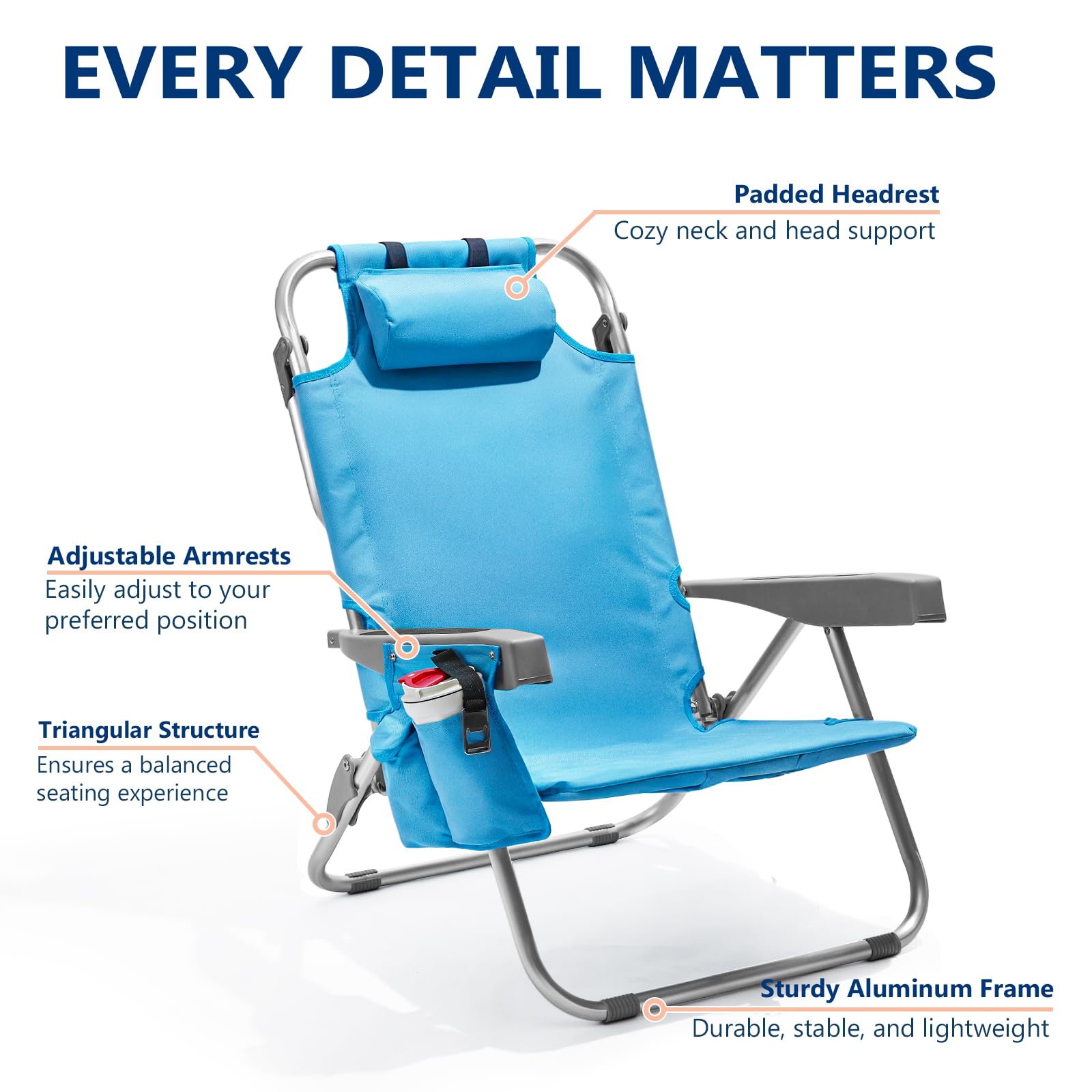 5-Position Adjustable Aluminum Beach Chair for Adults - Portable Backpack Design with Cooler Pouch, Storage Pocket, Towel Bar & Cup Holder - Perfect for Beach, Camping, Poolside & Outdoor Relaxation (Blue)