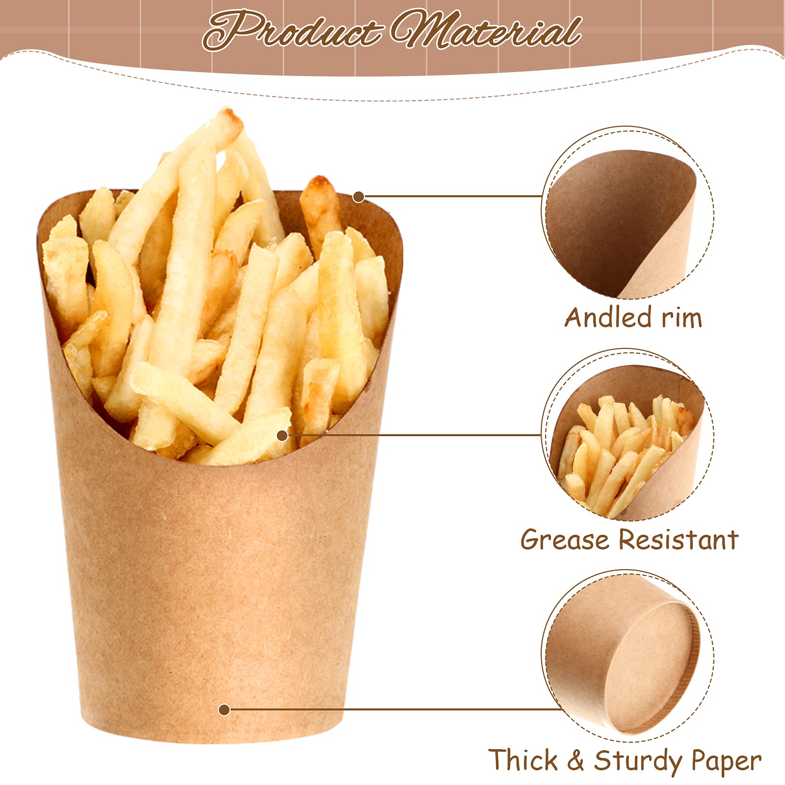 14 oz Disposable Kraft Paper French Fries Holder - 200 Pack Brown Food Cones for Waffles, Popcorn, Ice Cream & Party Snacks | Perfect for Weddings, Birthday Parties & Takeout Restaurants
