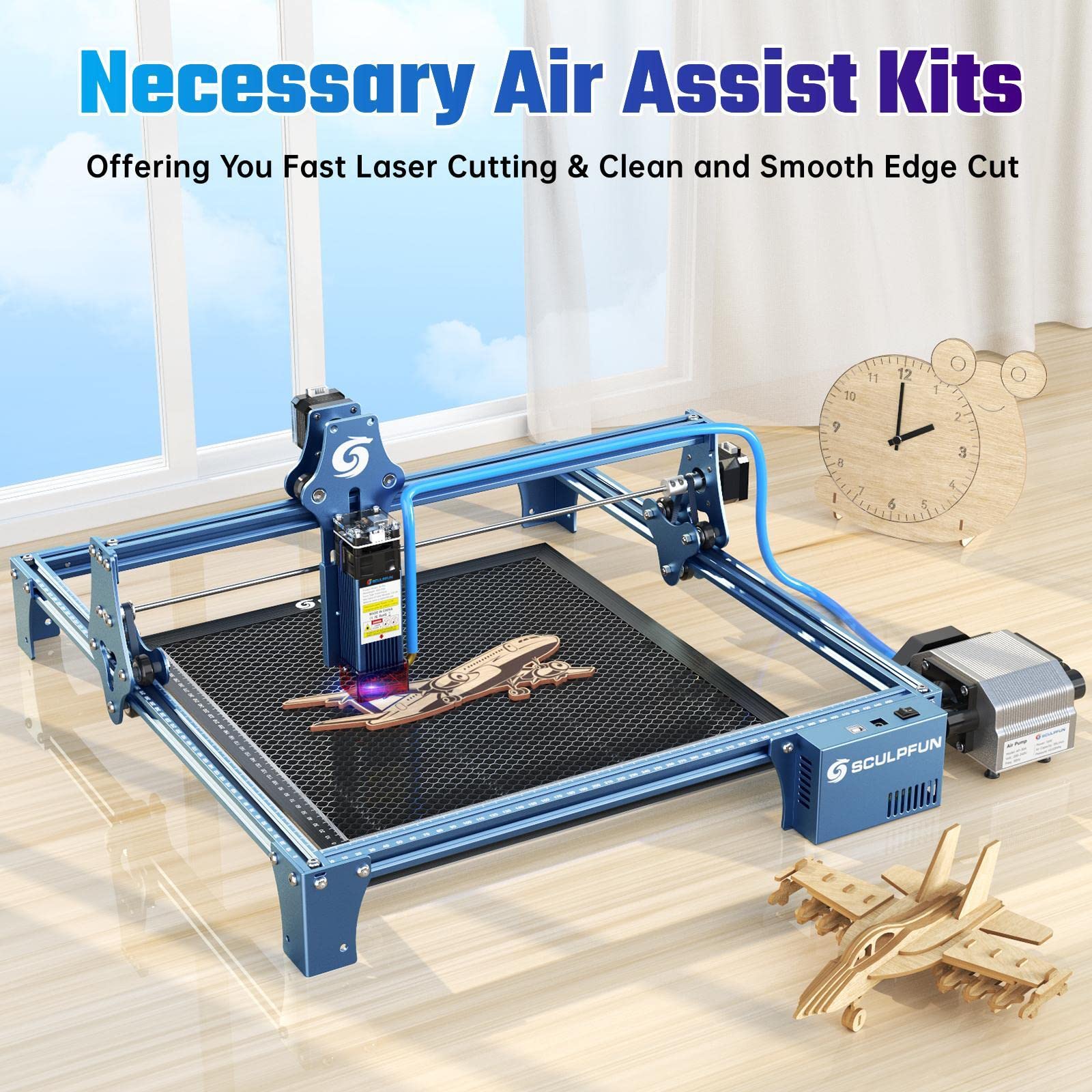 SCULPFUN Air Assist Kit with Air Pump & Nozzle - 30L/min High-Speed Laser Cutter Accessory for SCULPFUN S9 - Improves Cutting Quality, Extends Laser Module Life - Perfect for Wood, Acrylic & Metal Engraving Projects
