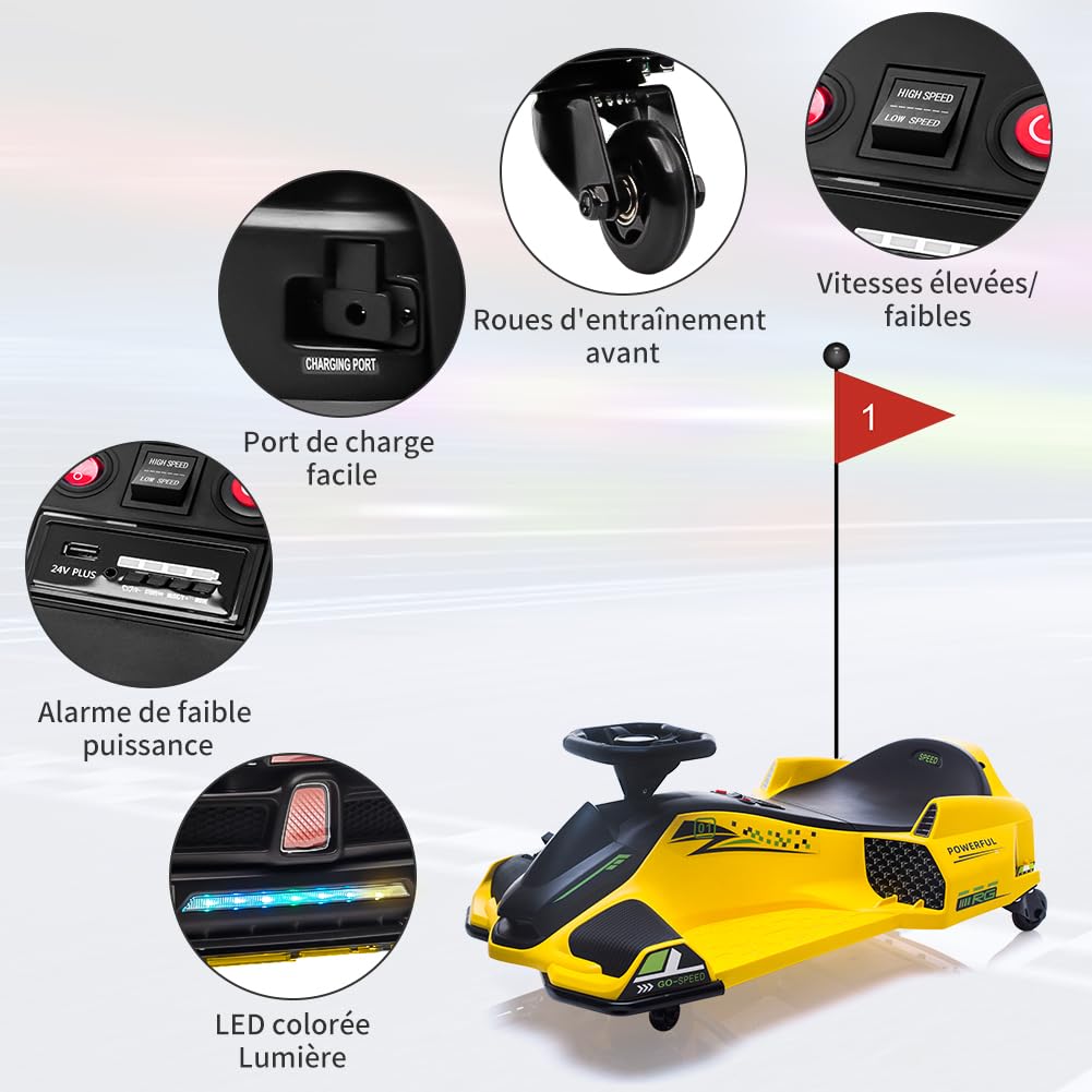 24V Kids Electric Drift Kart - Adjustable Speed, 5-Wheel Design, Built-in Music & LED Lights (Front/Rear), Low Battery Alarm - Yellow | Perfect for Outdoor Play, Backyard Racing & Birthday Gifts for Boys & Girls Ages 3-8