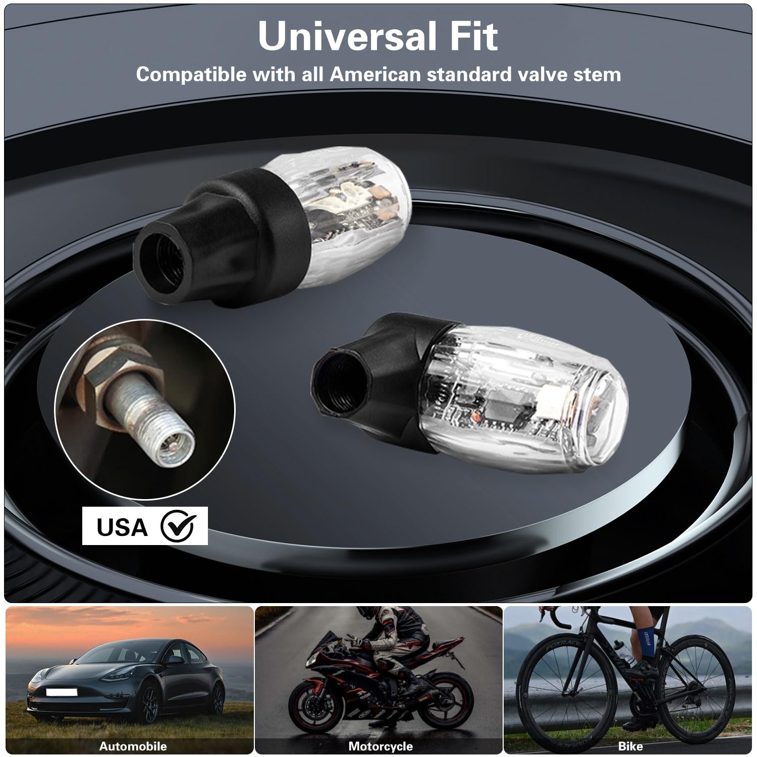 Glow in The Dark LED Tire Valve Caps - Waterproof Rechargeable for Car Bike Motorcycle - Night Safety Accessories