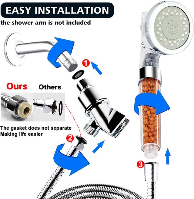 High Pressure Filter Shower Head with Replacement Hose & Bracket - 3 Mode Spray, Water Saving Showerhead for Dry Hair & Skin Care - Perfect for Rain, Massage & Handheld Showering Experience