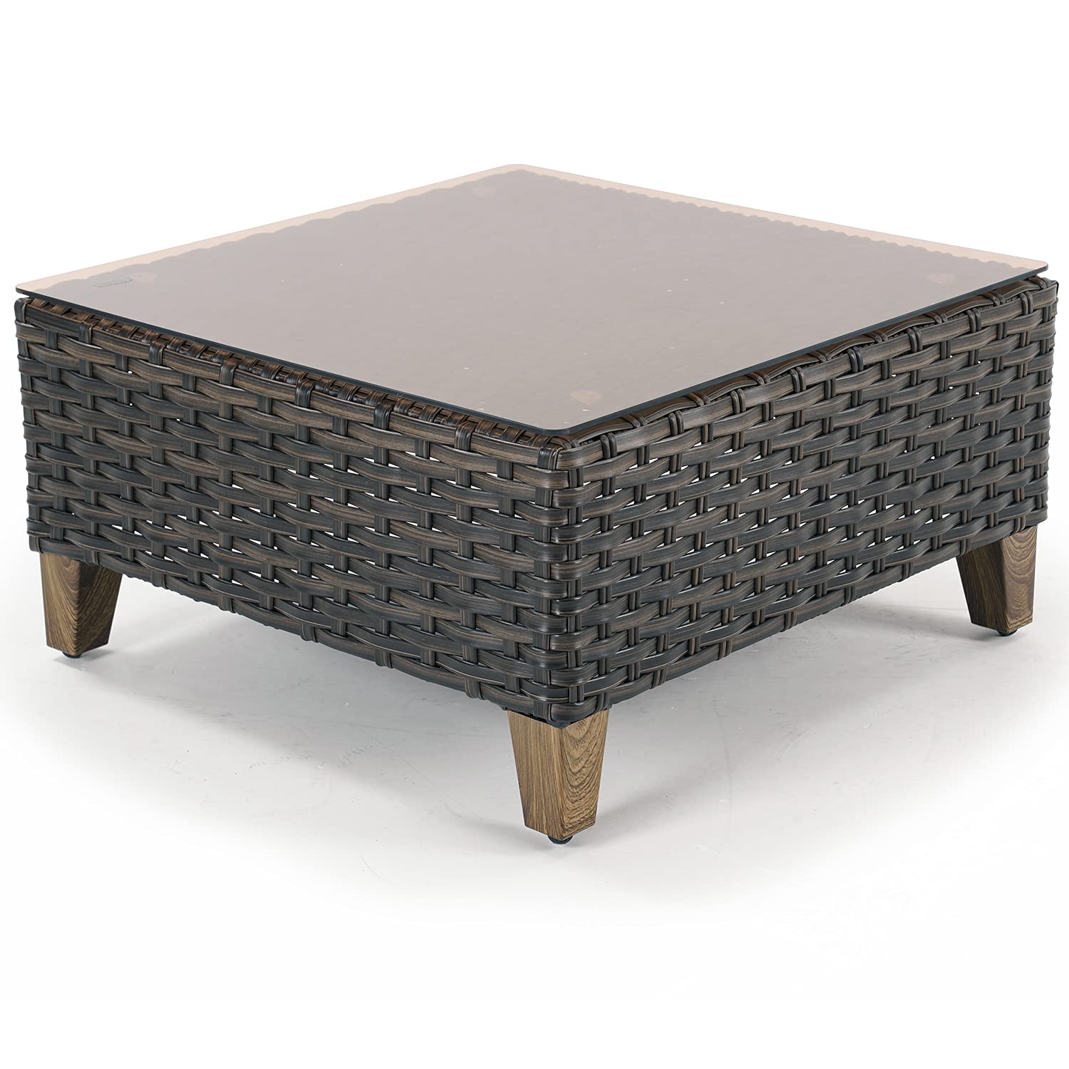 Premium Wicker Patio Coffee Table with Tempered Glass Top - Outdoor Furniture Set for Garden, Poolside & Backyard Relaxation