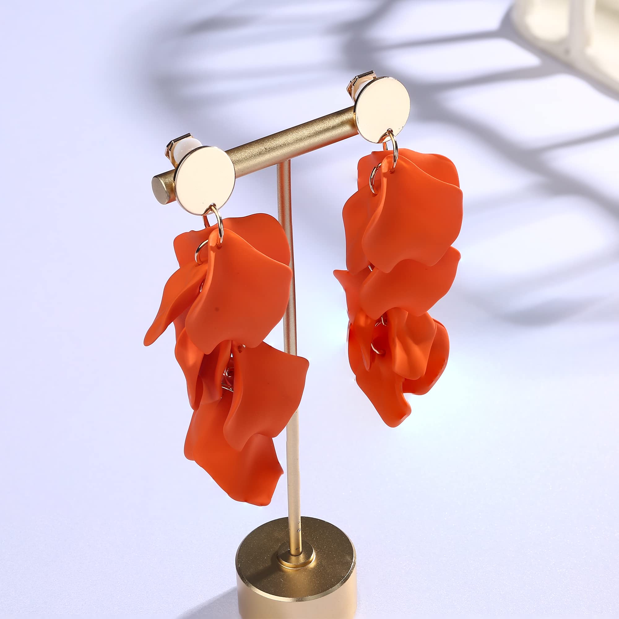 THUNARAZ Clip on Acrylic Earrings for Women - Long Rose Petal Dangle Earrings, Exaggerated Flower Drop Earrings, Statement Floral Tassel Earrings | Wedding, Party, Prom, Evening Wear Accessories