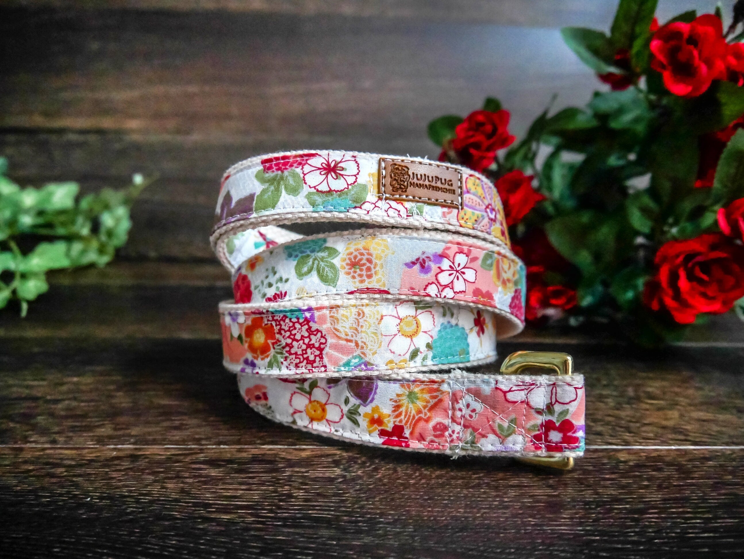 Japanese Kimono Dog Collar and Leash Set - White Floral Pattern - Perfect for Pet Costumes, Special Occasions & Photo Shoots