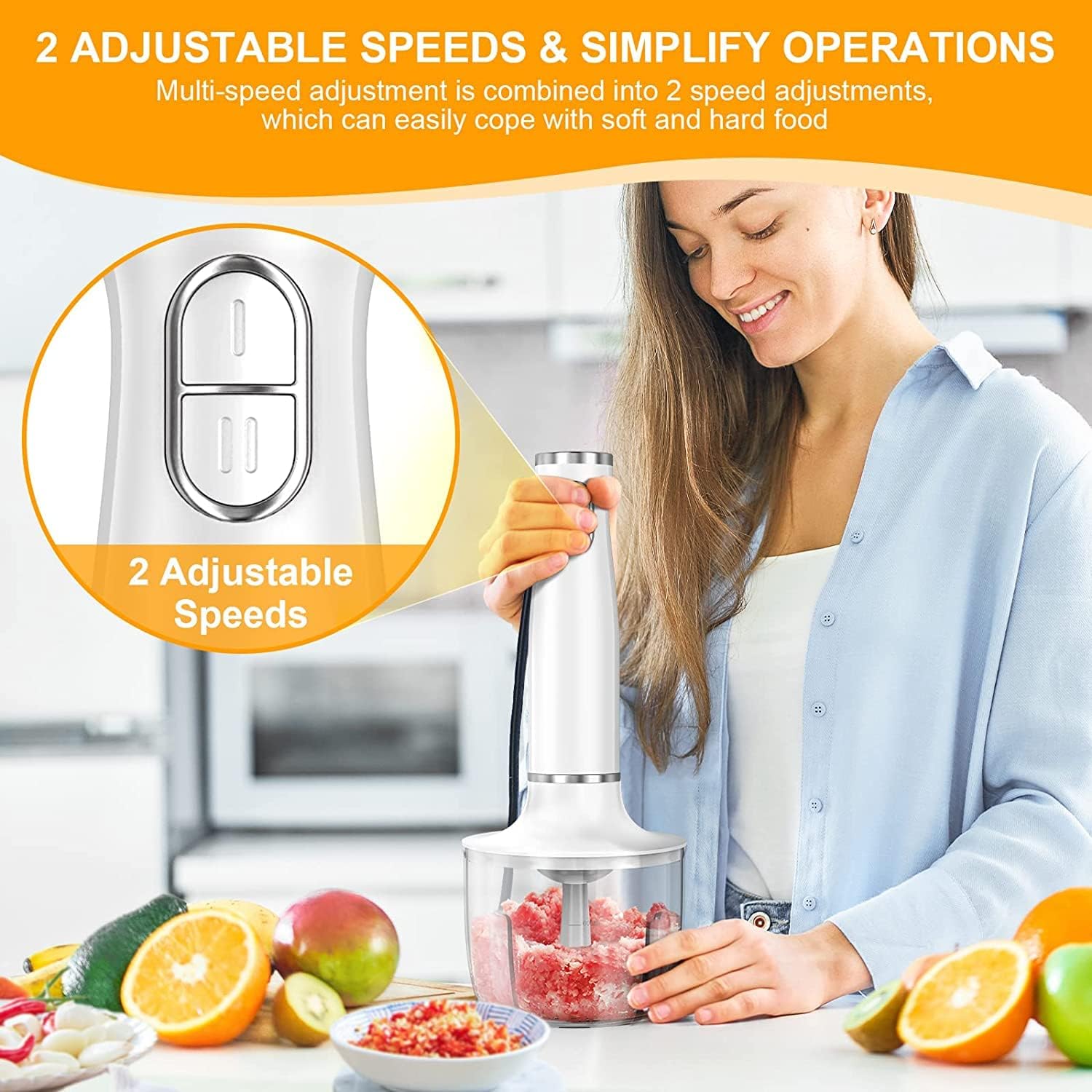 5-in-1 Immersion Blender Handheld Electric - 2-Speed Hand Blender with 16.9oz Food Chopper & 20.3oz Container - Perfect for Pureeing Infant Food, Making Smoothies, Sauces, Soups & Kitchen Mixing
