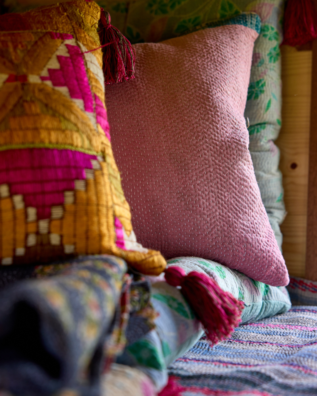 Phulkhari Tassel Cushions - Soft Pink Decorative Throw Pillows for Sofa, Bed & Home Decor | Perfect for Living Room, Bedroom & Boho Style