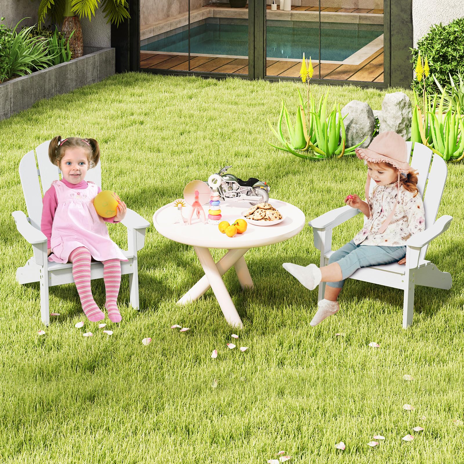 Costzon Kids Adirondack Chair Set of 4 - All-Weather HDPE Outdoor Children's Patio Chairs with Armrests for Ages 3-8 | Perfect for Garden, Lawn, Backyard & Fire Pit Gatherings (White)