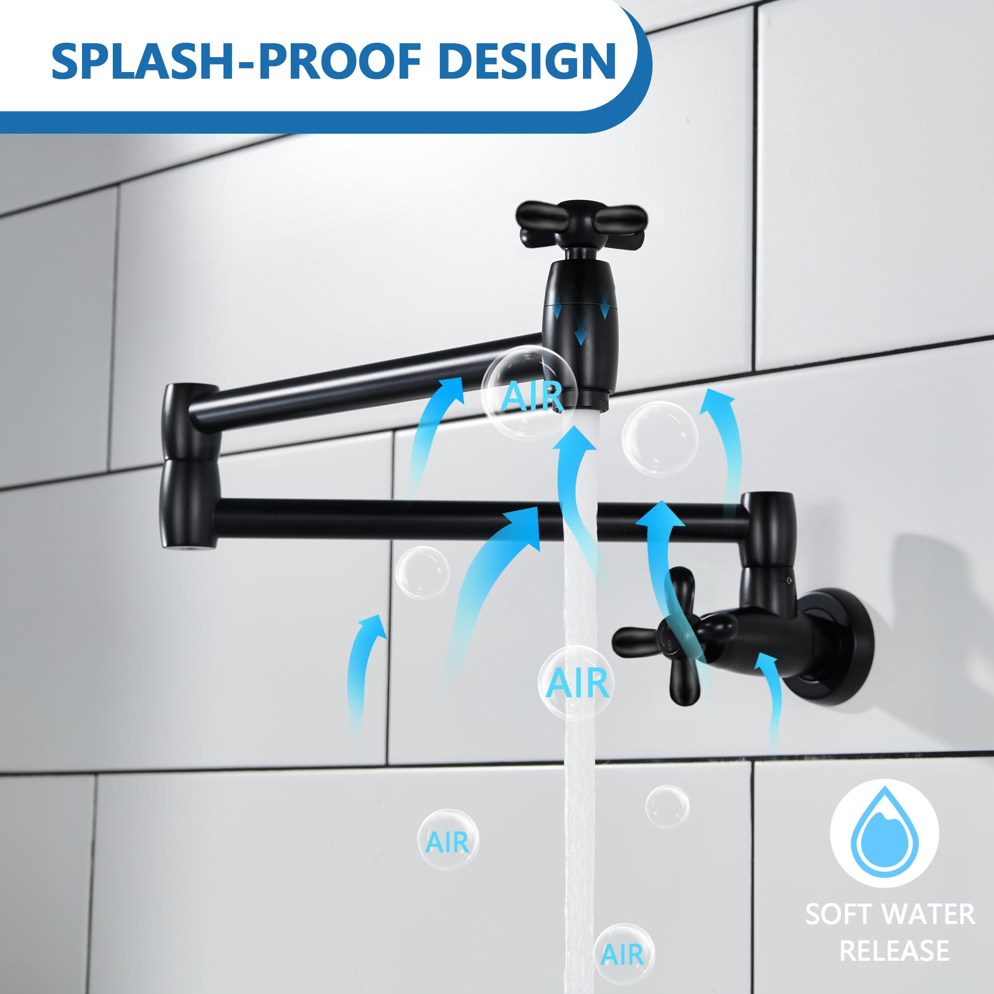 Matte Black Wall Mount Pot Filler Faucet - Brass Swing Arm with Double Joint & Extendable Design - Single Hole Installation - 2 Cross Handles for Kitchen & Stove - Perfect for Filling Large Pots While Cooking (Model P82MB)