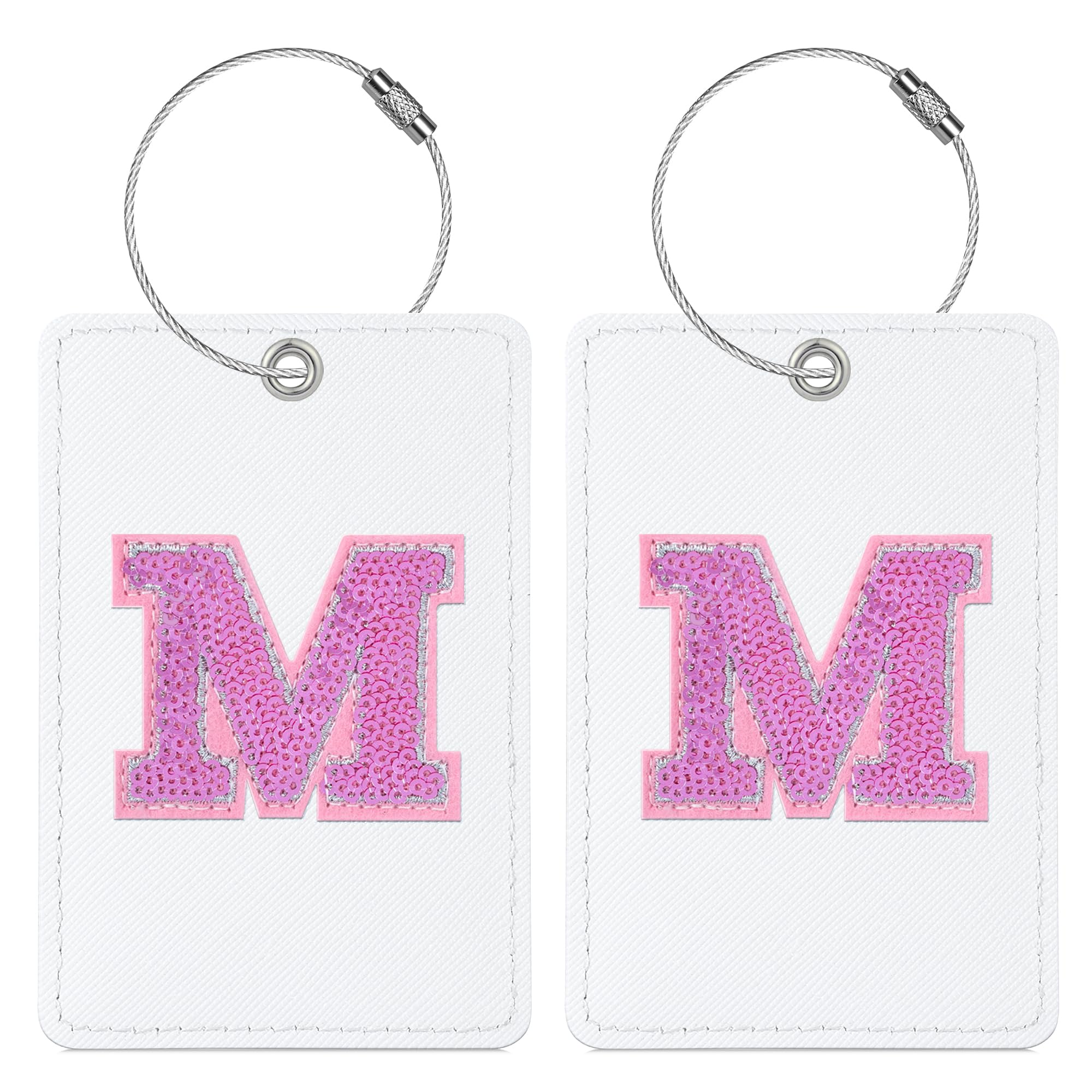 Sodsay 2 Pack Initial Luggage Tags - Cute Sequin Letter PU Leather Suitcase ID Tags with Steel Loops for Women, Kids & Teens (M, White Leather + Hot Pink Letter) - Perfect for Travel, Vacation & Airport Identification