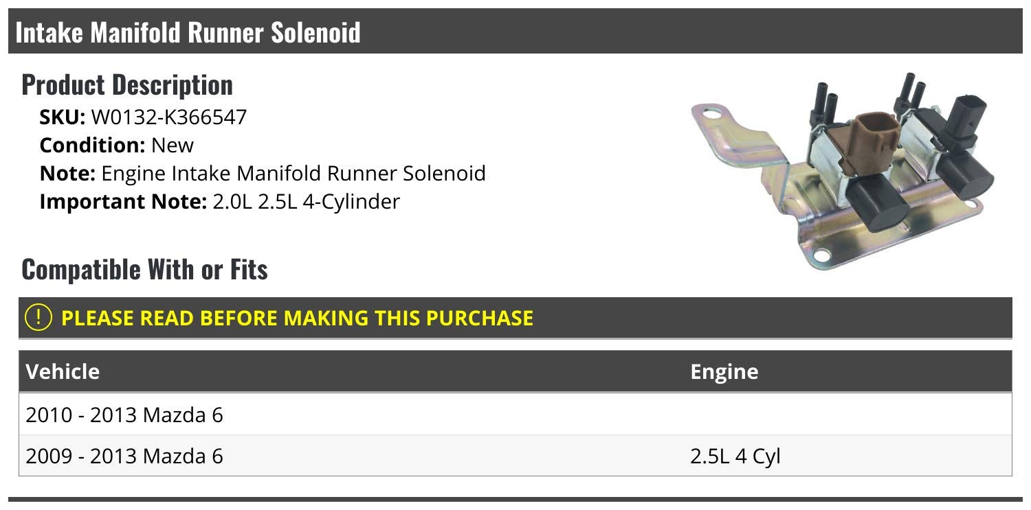 2009-2013 Mazda 6 2.5L 4-Cylinder Intake Manifold Runner Control Solenoid Valve - OEM Replacement Part for Improved Engine Performance & Fuel Efficiency - Perfect for Engine Tune-Ups & Performance Upgrades