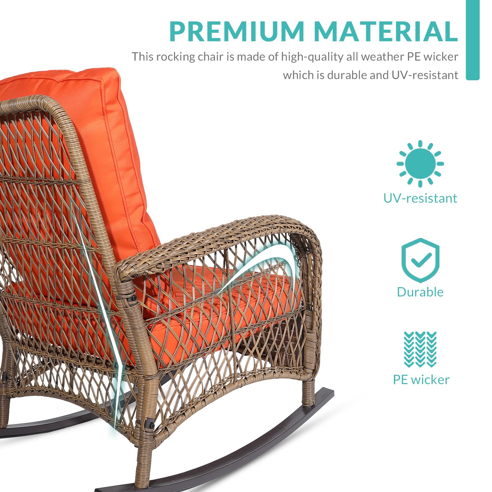MEETWARM 3-Piece Outdoor Wicker Rocking Chair Set with Cushions & Glass-Top Coffee Table - Rattan Patio Conversation Bistro Set for Porch, Backyard, Garden - Orange | Perfect for Relaxing, Entertaining & Outdoor Lounging
