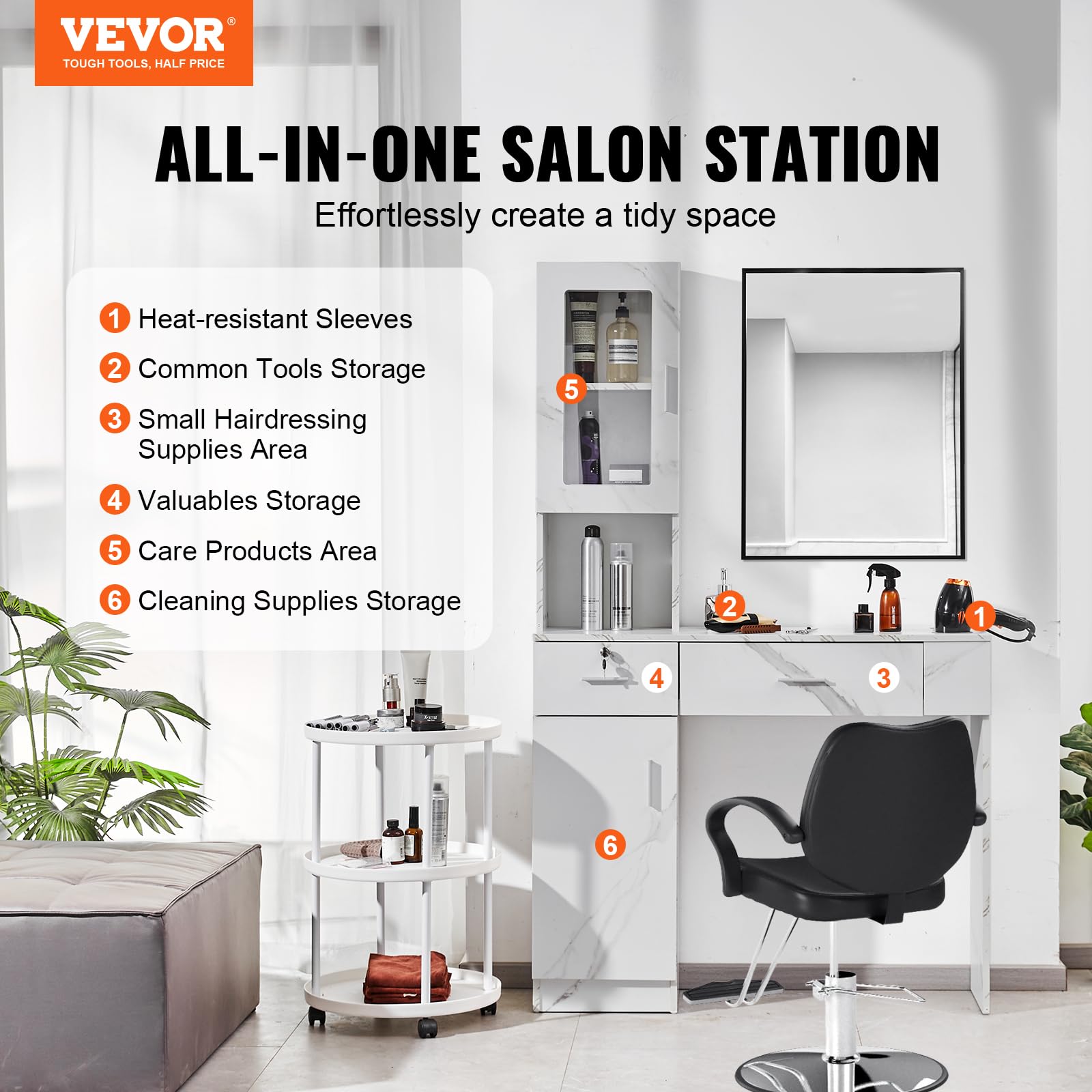 VEVOR Wall Mount Salon Station - Professional Barber & Hair Stylist Storage Cabinet with 3 Cubbies, 2 Drawers (1 Lockable) - White Beauty Spa Furniture for Salon Organization & Home Styling