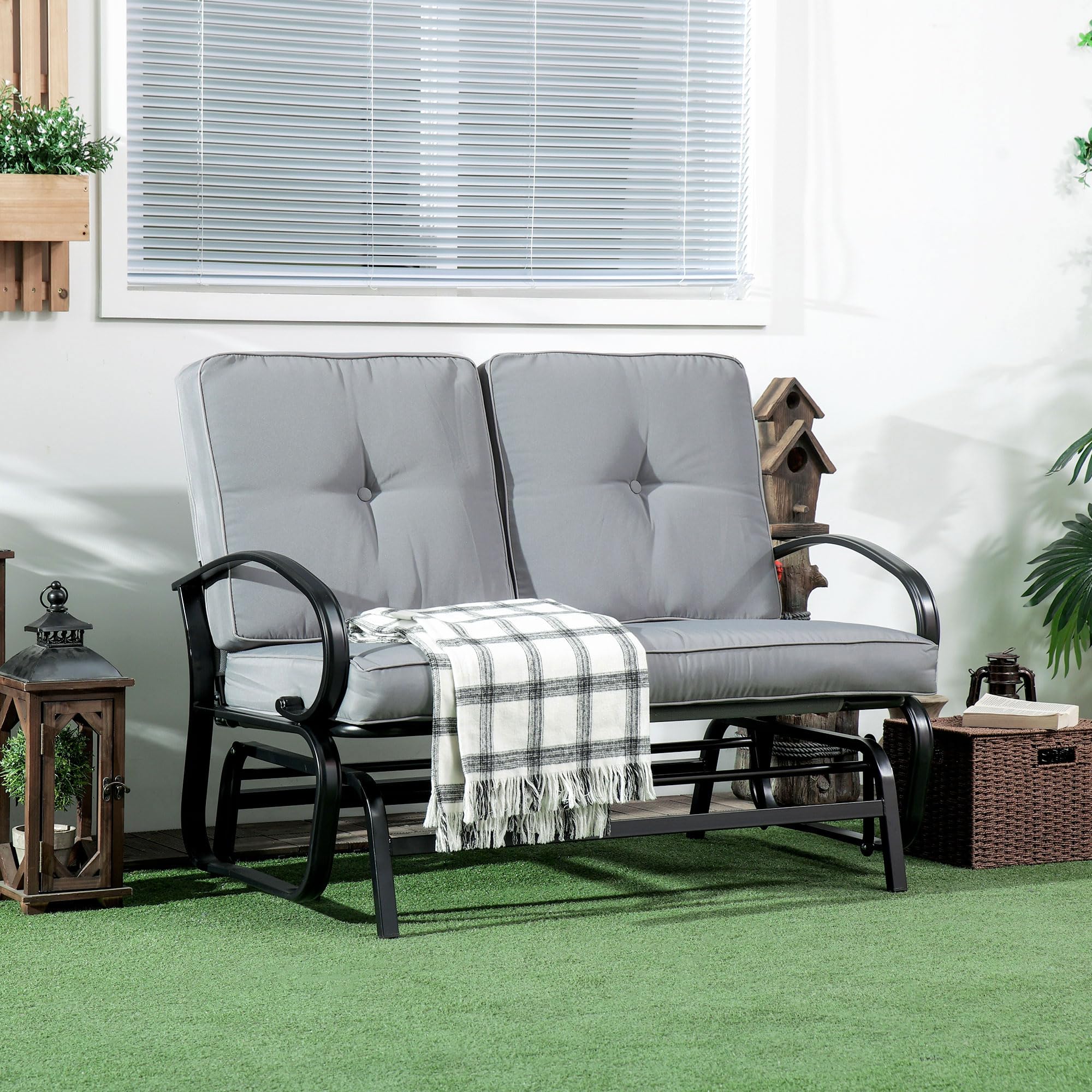 Outsunny 2-Person Outdoor Glider Bench with Tufted Cushions - Steel Frame Patio Rocker Loveseat for Porch, Garden & Backyard (Gray) - Perfect for Relaxing, Reading & Enjoying Nature