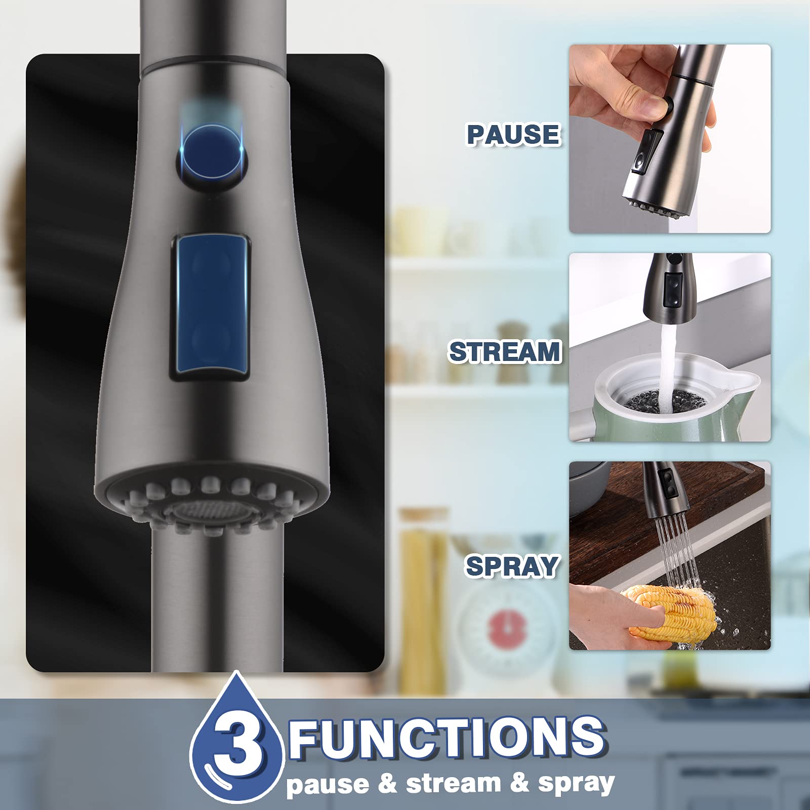 WEWE Black Stainless Steel Kitchen Faucet with Pull Down Sprayer - Single Handle Commercial Modern RV Laundry Sink Faucet with Soap Dispenser | Perfect for Home, Restaurant & RV Use