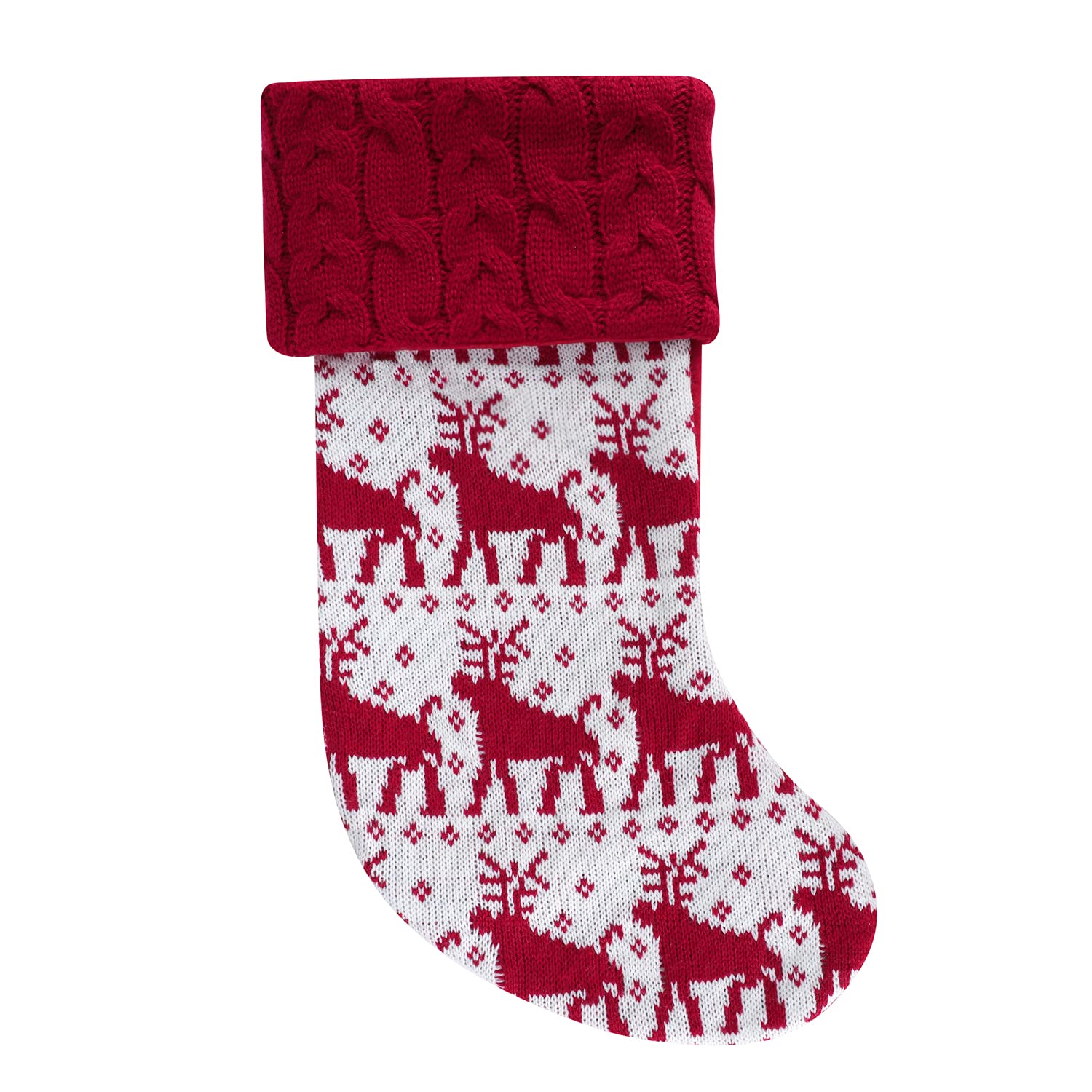 Large Knitted Christmas Stockings - Elk & Tree Design with Pom Poms - 15.7 Inch Fireplace Hanging Decor for Holiday Parties, Home Decoration & Festive Gift Giving