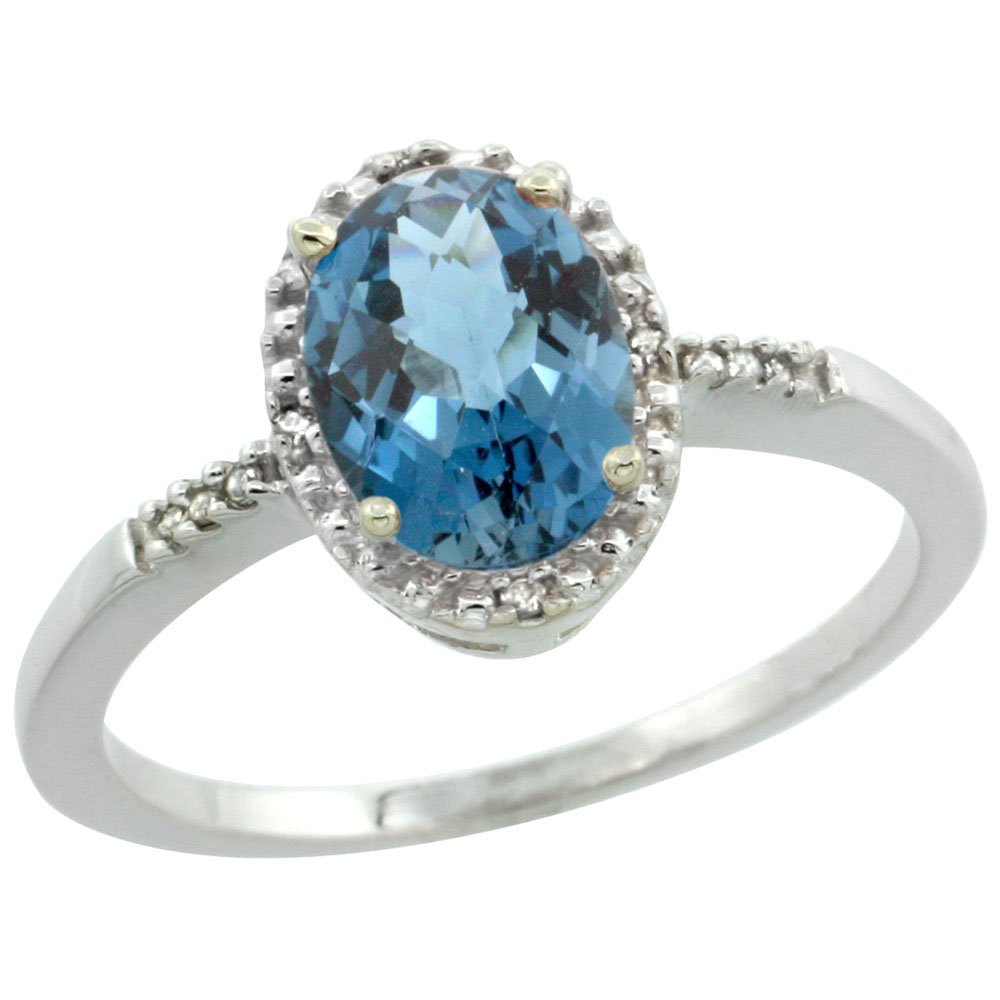 10K White Gold Natural London Blue Topaz Diamond Ring - Oval 8x6mm, Size 5-10 - Elegant Engagement, Anniversary & Gift Jewelry for Women