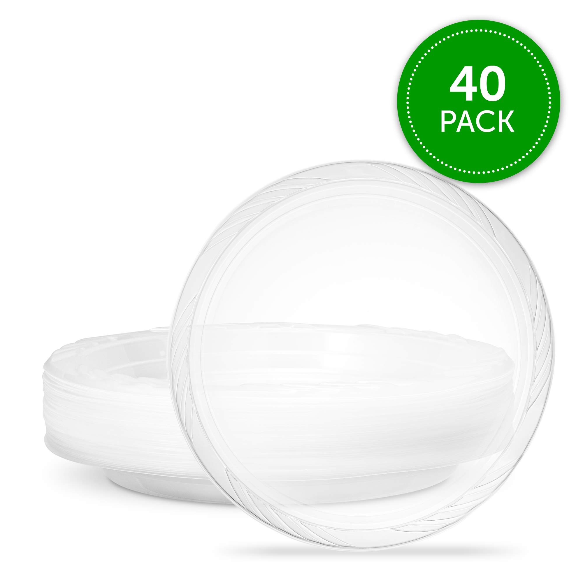 PLASTICPRO 9 Inch Clear Disposable Plastic Plates - 40 Pack Premium Dinnerware for Parties, BBQs, Picnics & Events - Shatterproof & Elegant Tableware
