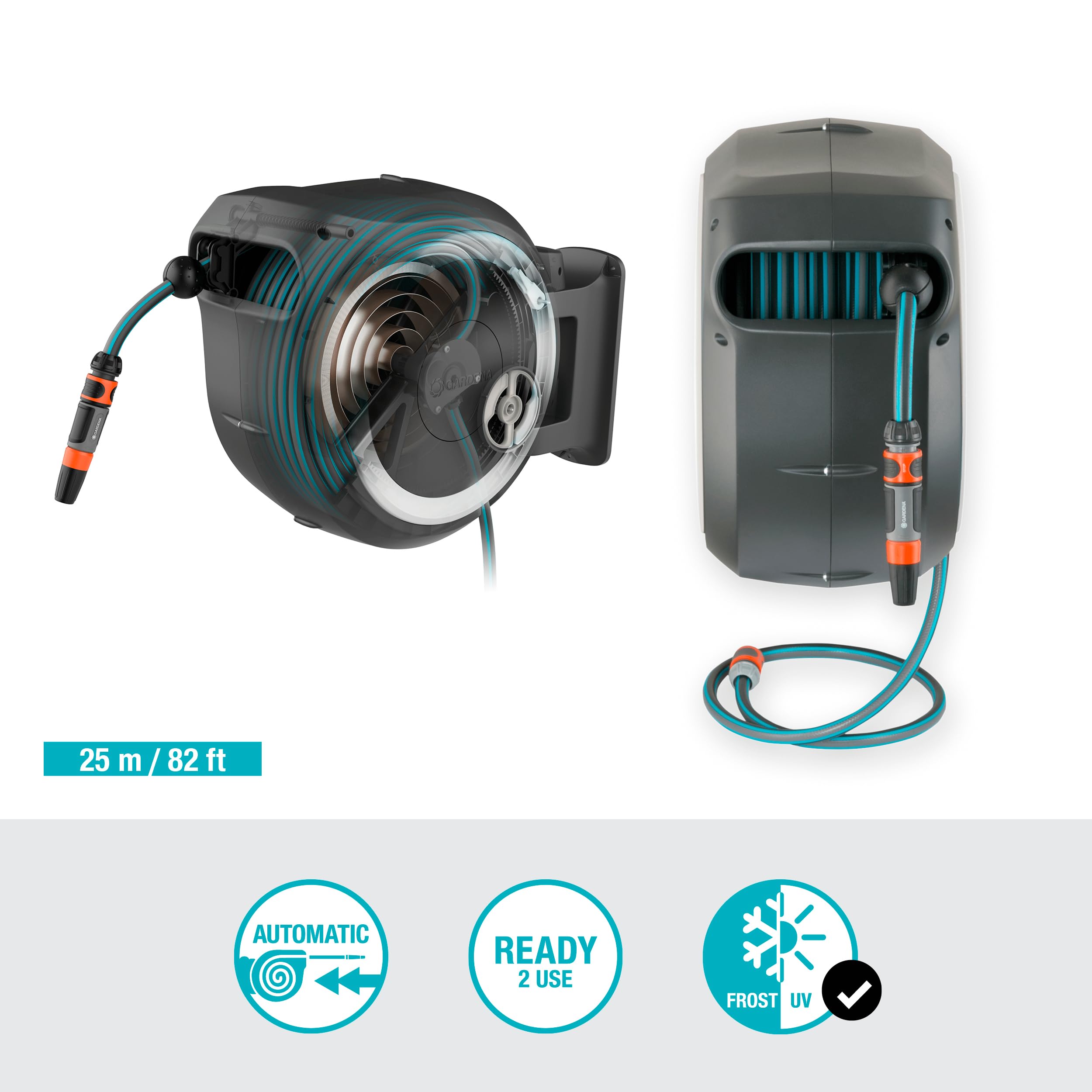 **Gardena Wall-Mounted Hose Box Rollup M/L (White) 25m - Swivel Hose Reel with 25m Hose & Mounting Kit for Medium to Large Gardens - Perfect for Lawn, Patio, and Backyard Watering (Model 18622-20)**