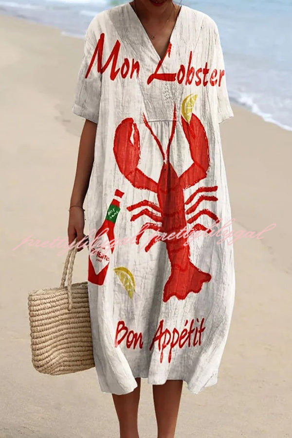 Stylish Marine Print V-Neck Short Sleeve Midi Dress for Women | Beach Vacation, Summer Outfits, Casual Wear