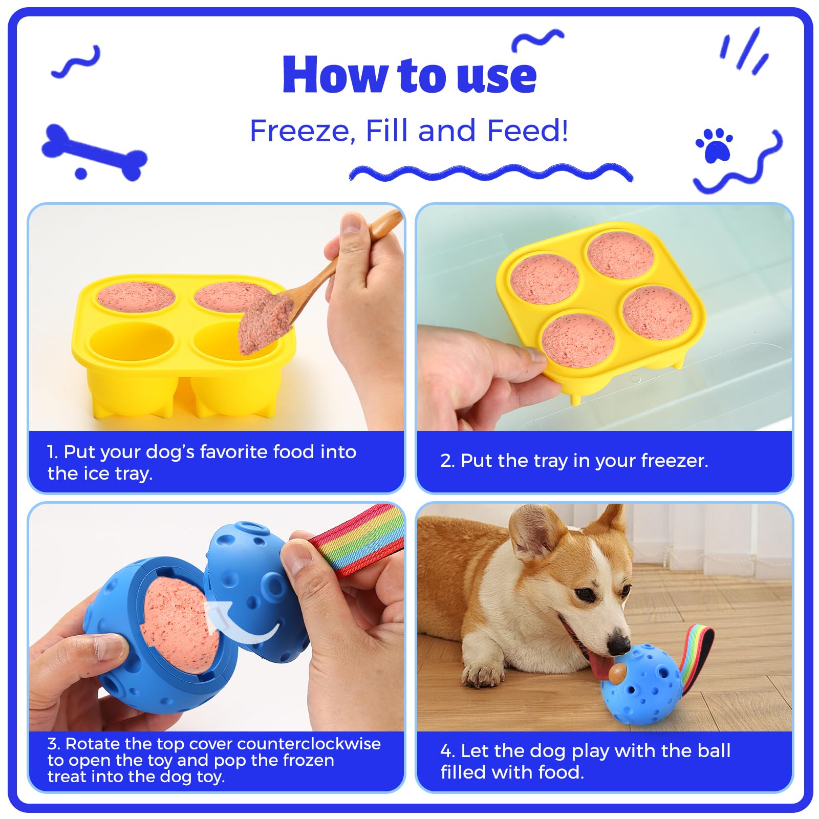 Yikko Interactive Dog Puzzle Toy - Fillable Frozen Enrichment Ball for Small to Large Dogs (10-80Lbs) | Durable Rubber Chew Toy for Indoor & Outdoor Play | Easy to Clean | Perfect Gift for Dog Birthday, Christmas & Training (Blue)