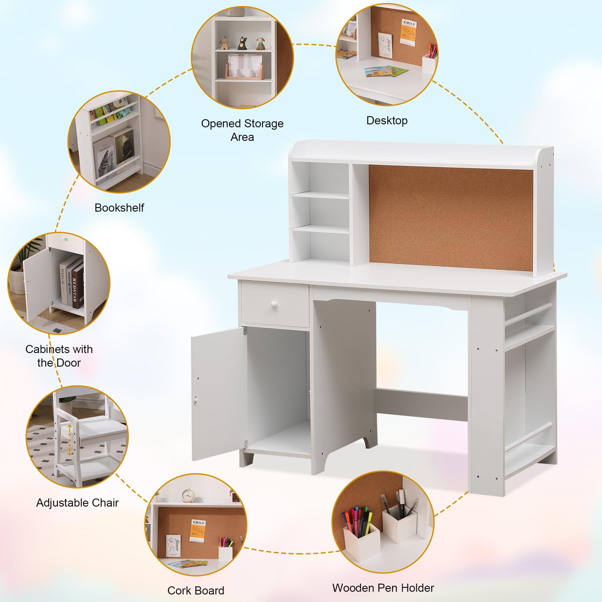 White Study Desk and Chair Set with Bookshelf, Bulletin Board & Storage Cabinets - Perfect Kids Study Furniture for Boys & Girls Ages 3-8 - Ideal for Bedroom, Homeschooling & Learning Activities