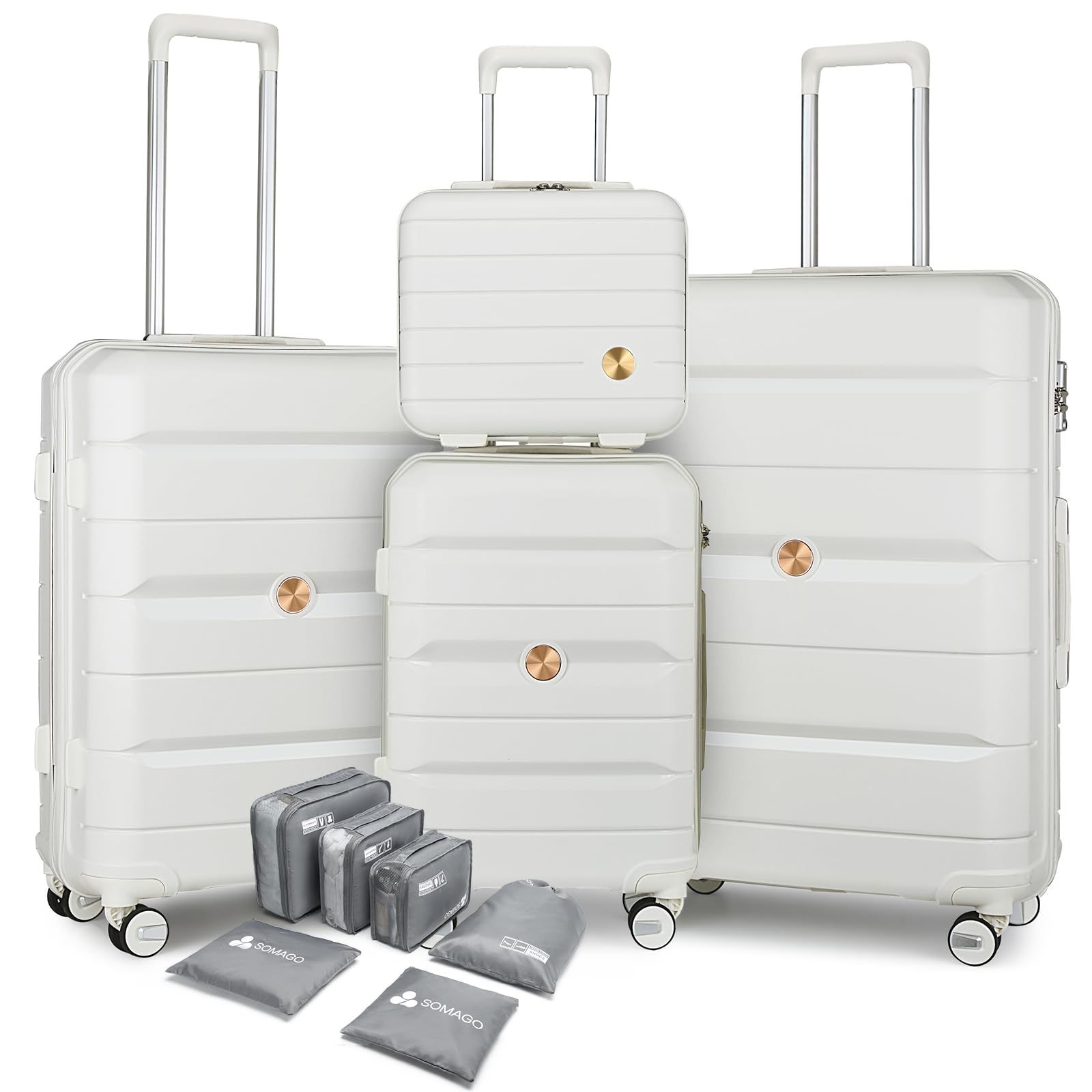 Somago 3-Piece Lightweight Hardside Luggage Set with Packing Cubes - Polypropylene Suitcases with Double Spinner Wheels & TSA Lock (Creamy White) - Perfect for Air Travel, Business Trips & Family Vacations