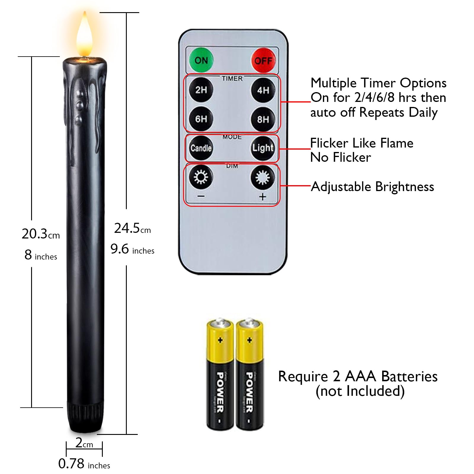 Homemory Black Flameless Taper Candles with Remote & Timer - Real Wax LED Battery Operated Candles (6 Pack, 9.6 Inches) - Flickering LED Candle Sticks for Halloween, Christmas, Wedding, Dinner Party & Home Decor
