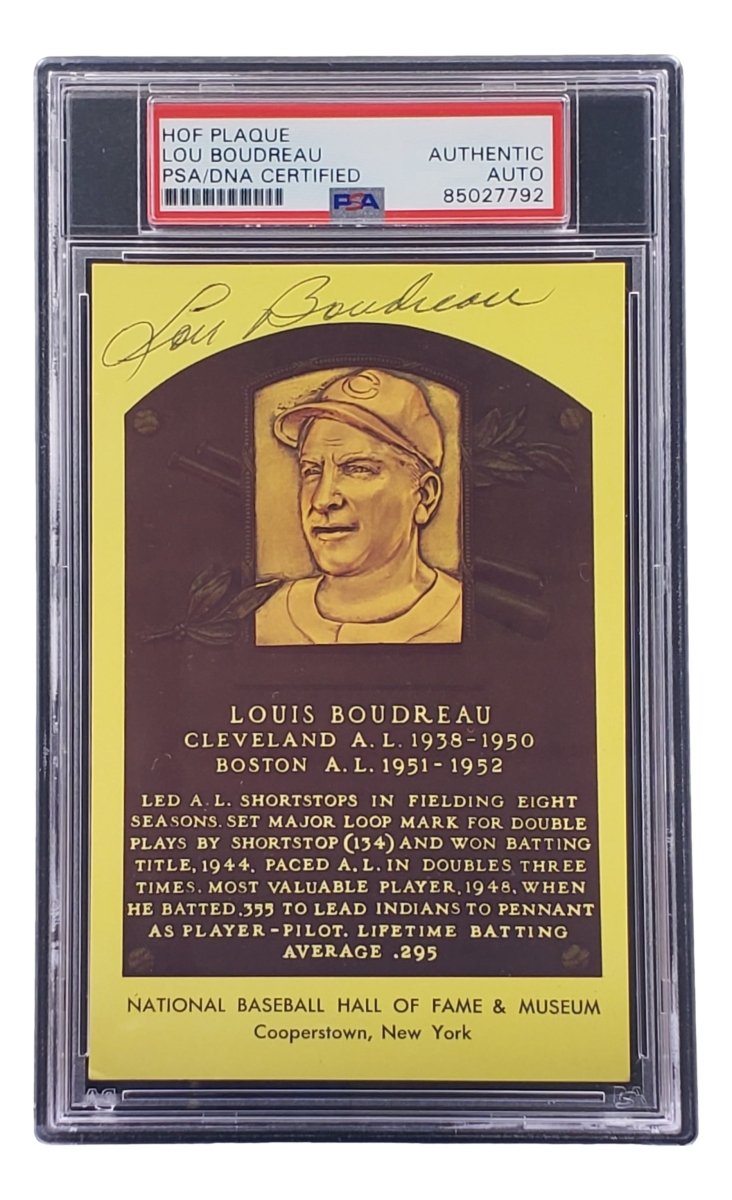 Lou Boudreau Autographed 4x6 Cleveland HOF Plaque Card with PSA/DNA Certification #85027792 - Perfect for Baseball Memorabilia Collectors and Cleveland Indians Fans Display