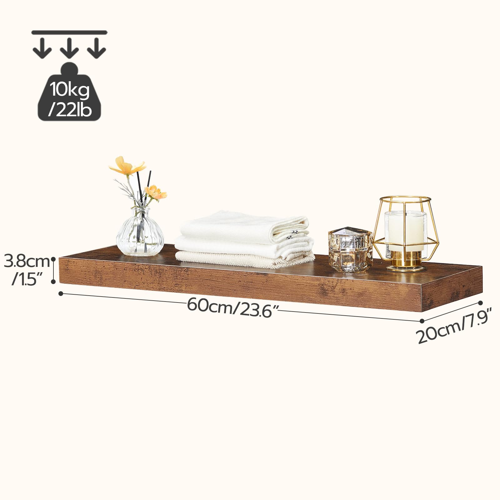 HOOBRO 23.6 Inch Floating Wall Shelves Set of 2 - Rustic Brown Wooden Shelves with Invisible Brackets for Bathroom, Bedroom, Kitchen Decor - Perfect for Displaying Plants, Books & Home Decor Items