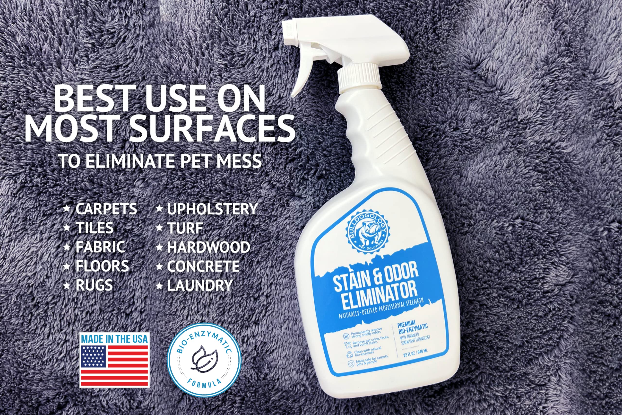 Bulldogology Bio-Enzymatic Pet Stain & Odor Eliminator - Enzyme Cleaner for Cat & Dog Urine, Carpet & Hard Floor Cleaner, Pet Accident Remover with Odor Neutralizer (32oz) - Perfect for Homes with Pets & Carpeted Areas