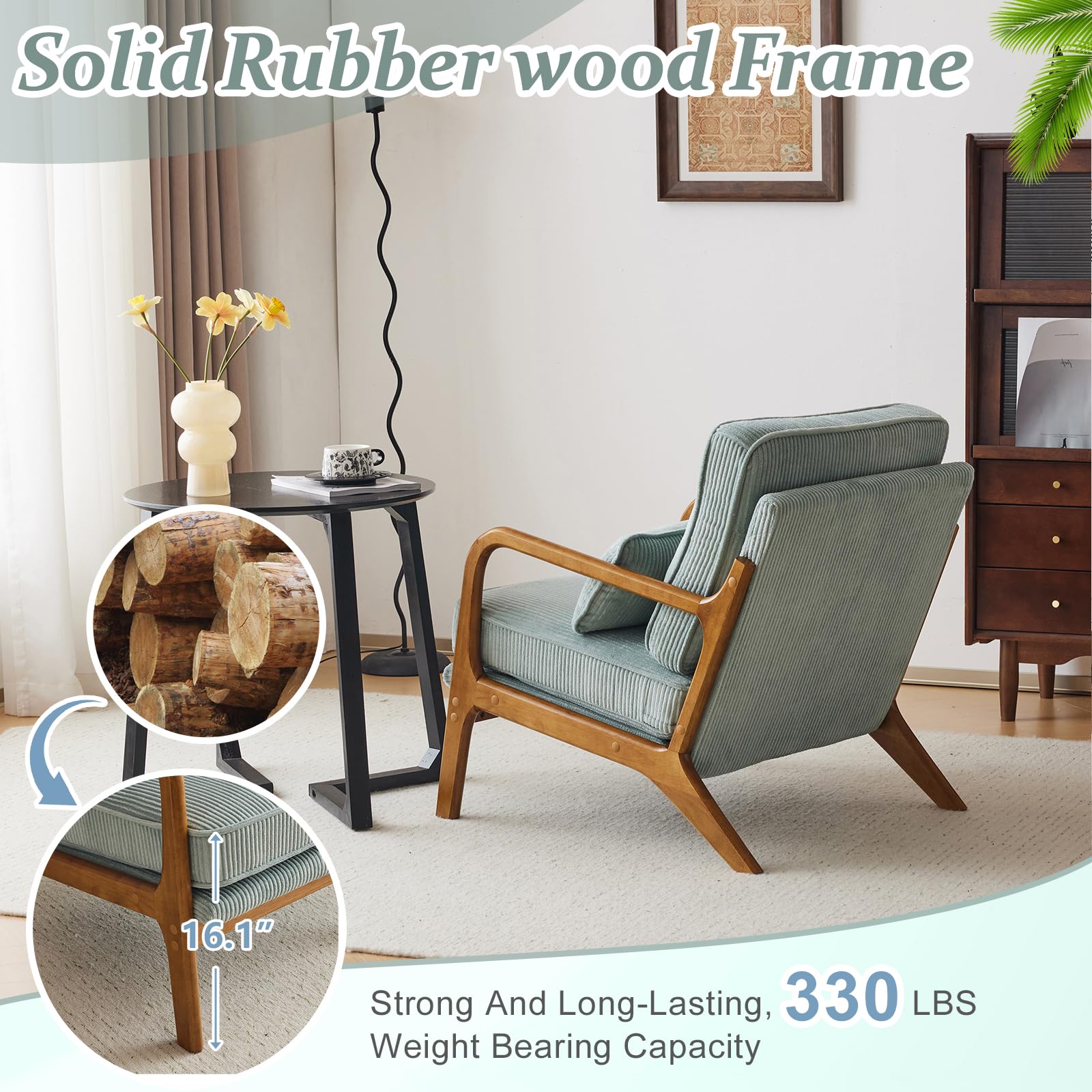 Upgraded Premium Corduroy Accent Chair - Mid Century Modern Upholstered Armchair with Solid Wood Frame & Lumbar Pillow - Comfortable Reading Chair for Living Room, Bedroom, Guest Room - Light Teal - Perfect for Relaxing, Reading & Home Decor