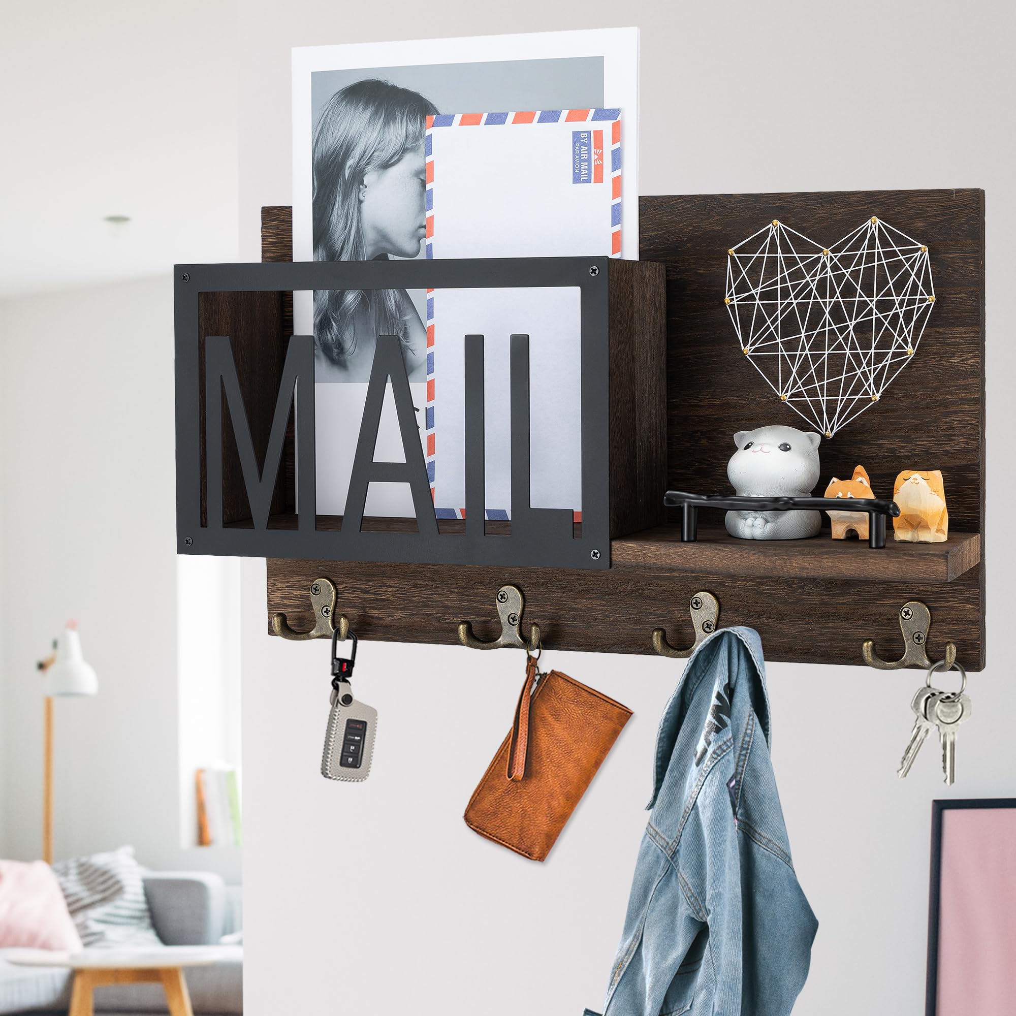 Rustic Wooden Mail Organizer with 4 Key Hooks - Dark Brown Entryway Wall Organizer for Keys, Letters & Bills | Perfect for Mudroom, Hallway or Home Office Decor