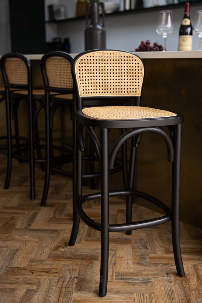Chez Pitou Black Wood & Woven Cane Bar Stool - Modern Kitchen Island & Counter Height Stool for Dining & Home Decor